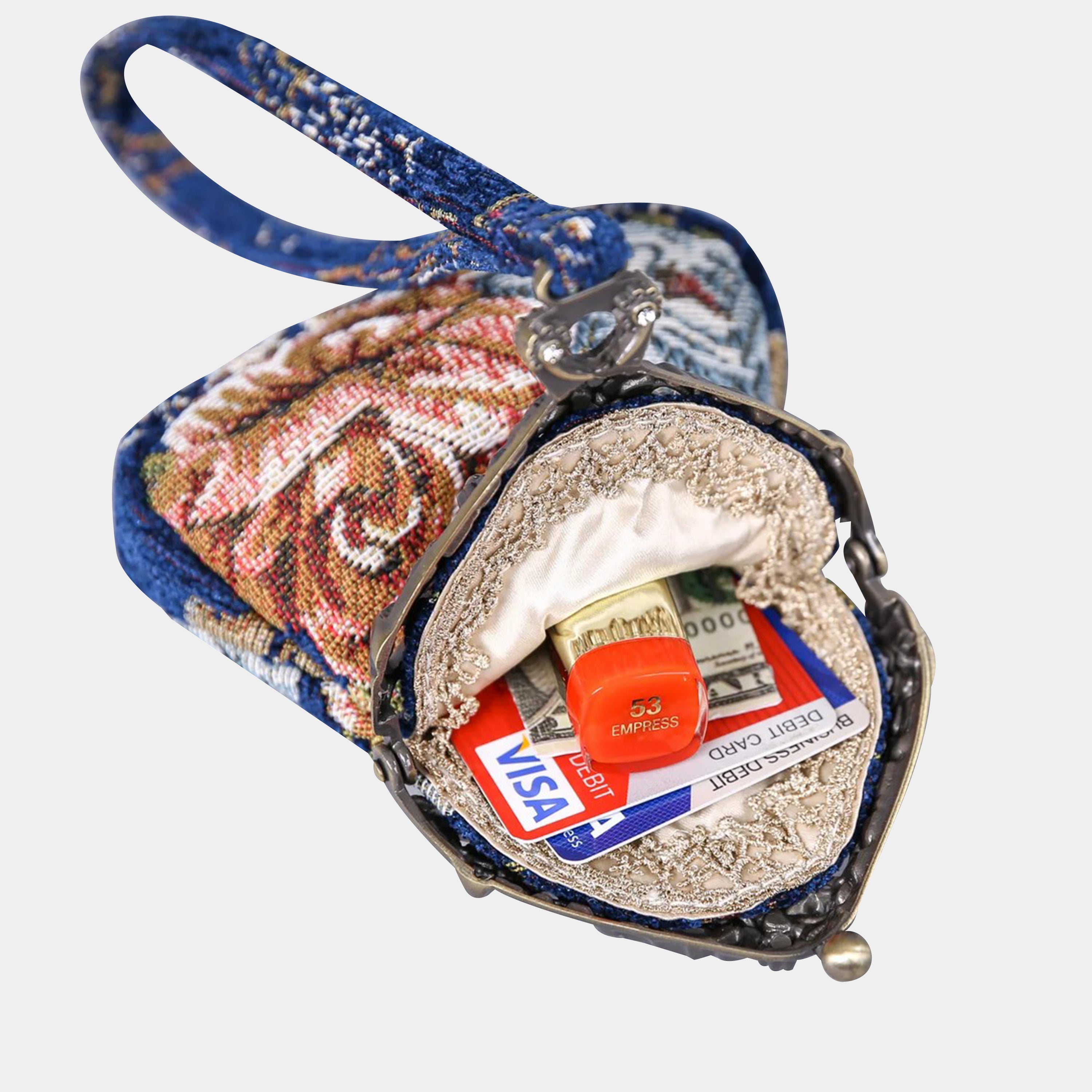 Floral Blue Chatelaine Purse Wristlet Bag carpet bag  of America in use