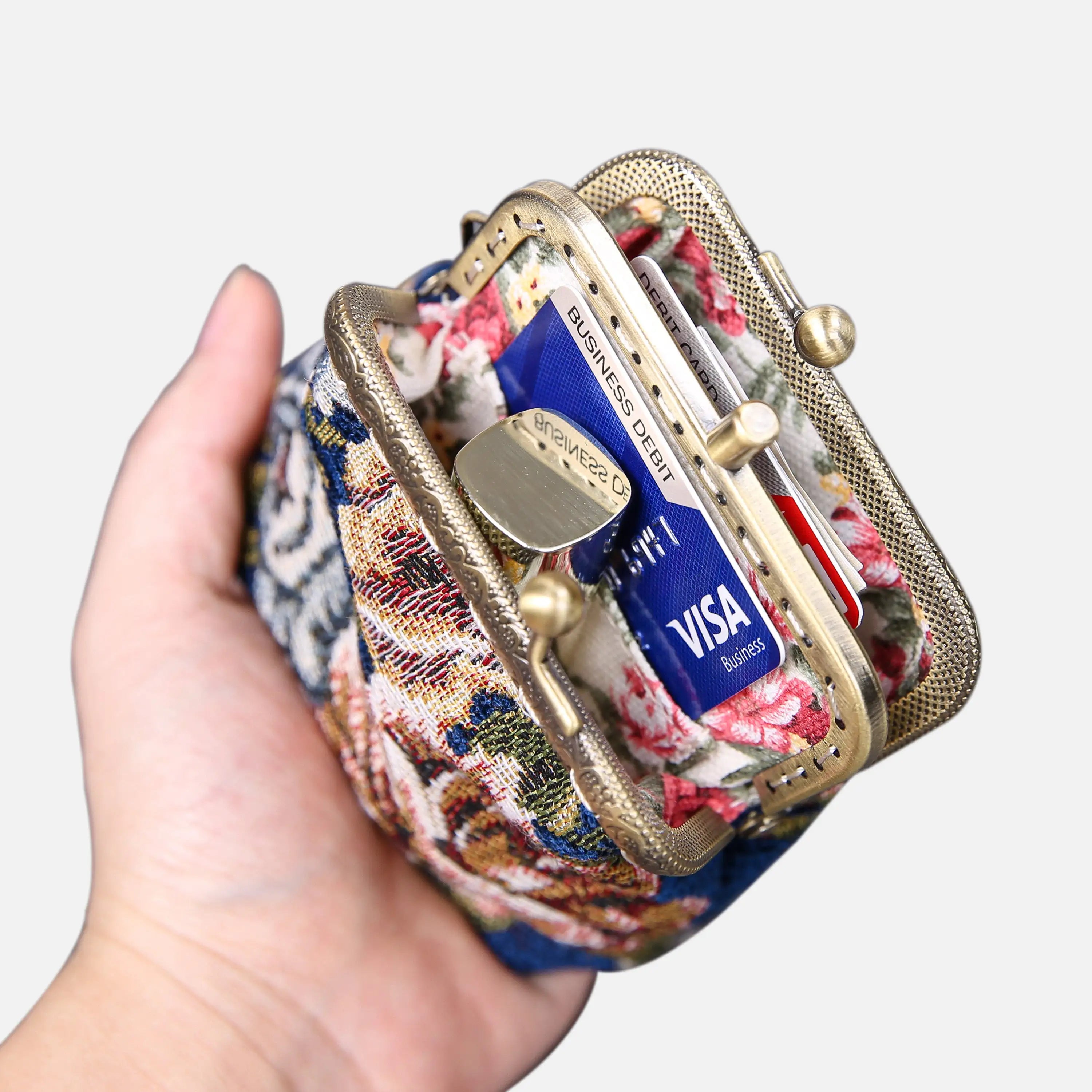 Floral Blue Double Kiss Clasp Coin Purse of America in use-1