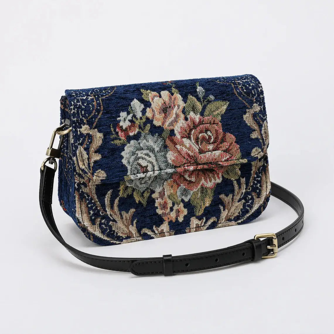 Floral Blue Flap Crossbody Bag carpet bag of America front