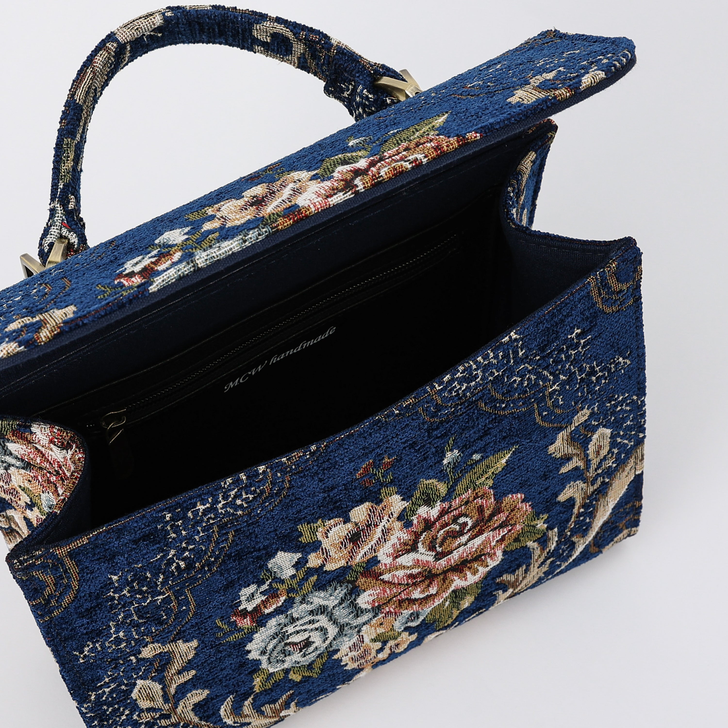 Floral Blue Flap Satchel Carpetbag of America opening