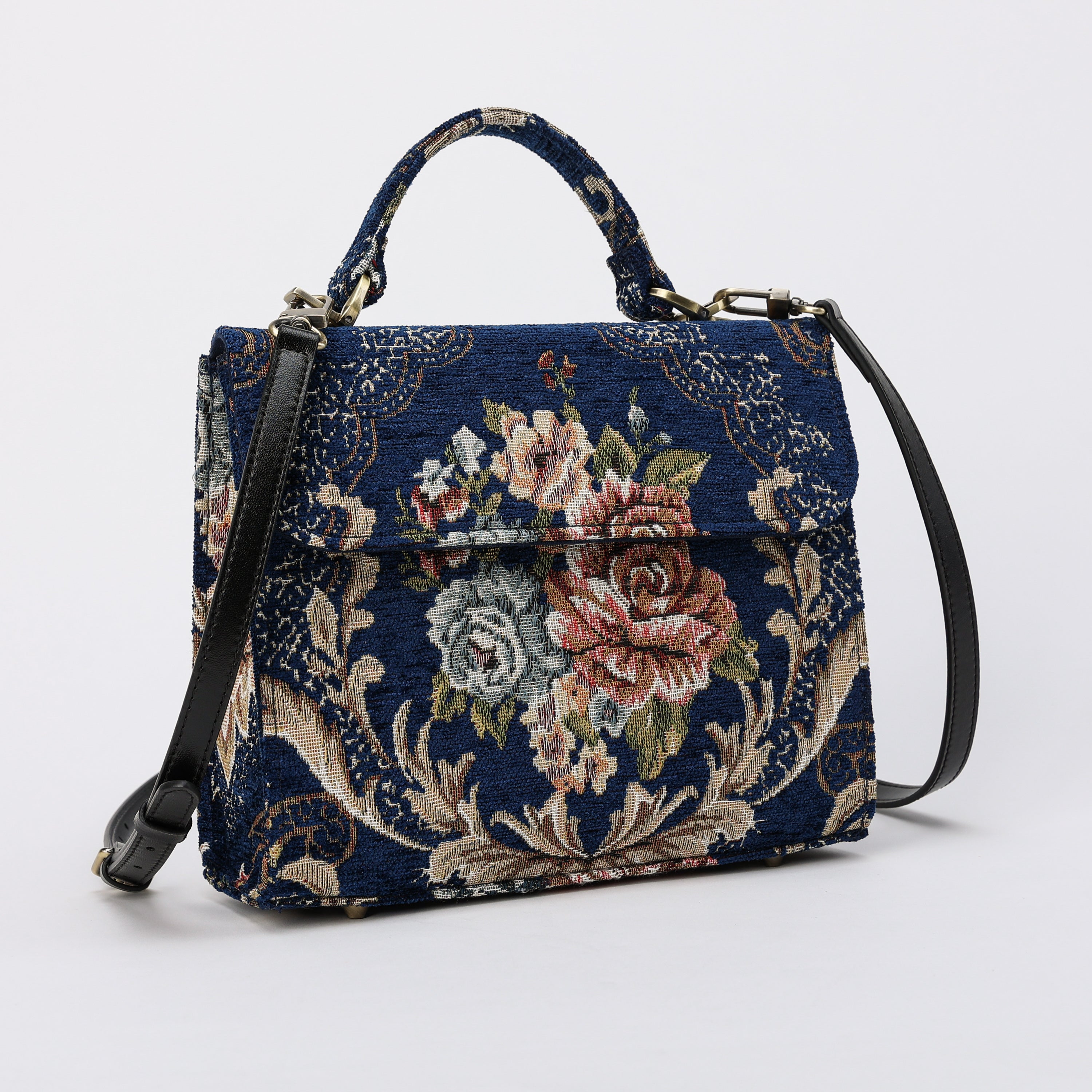 Floral Blue Flap Satchel Carpetbag of America with shoulder strap