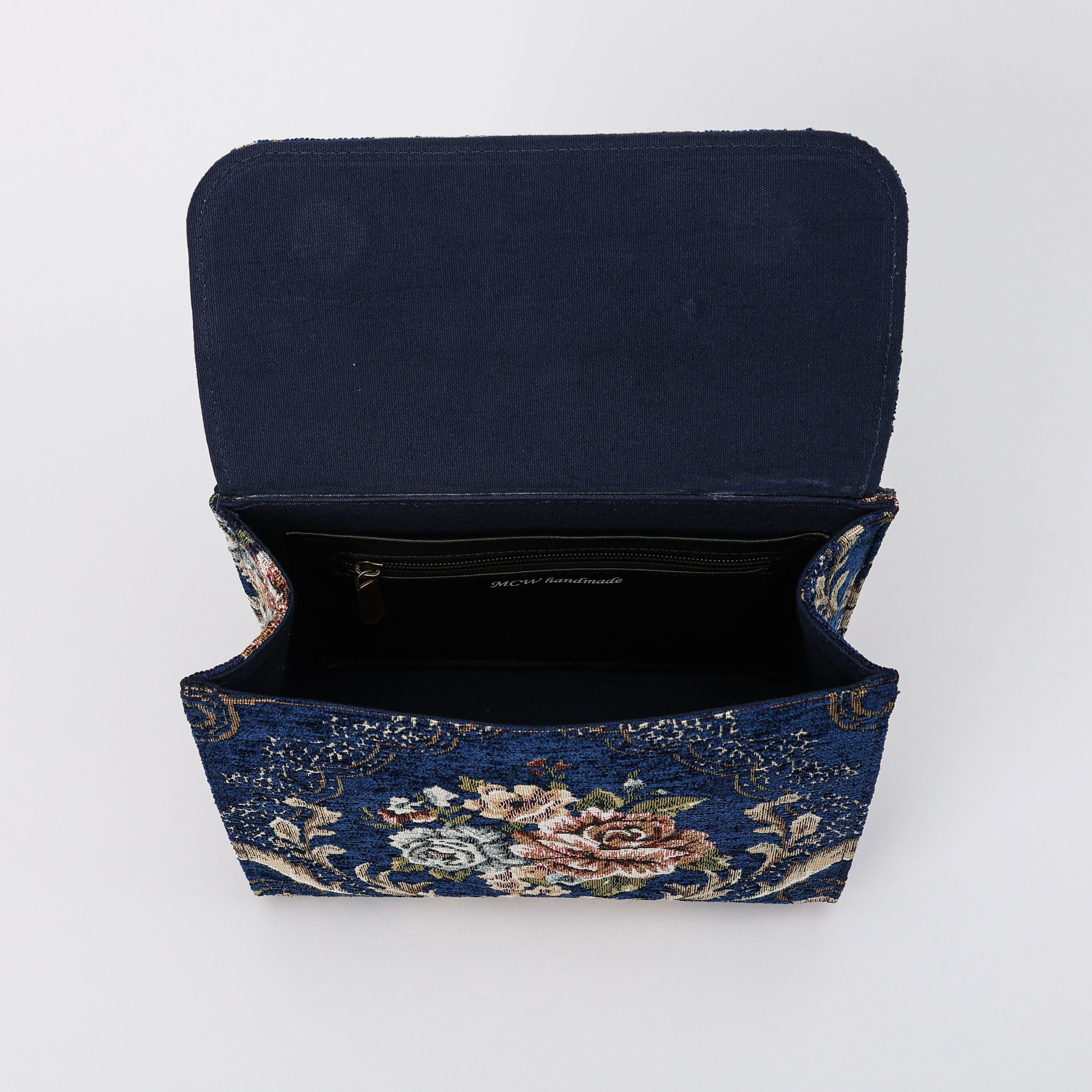 Floral Blue Flap Satchel Carpetbag of America inside