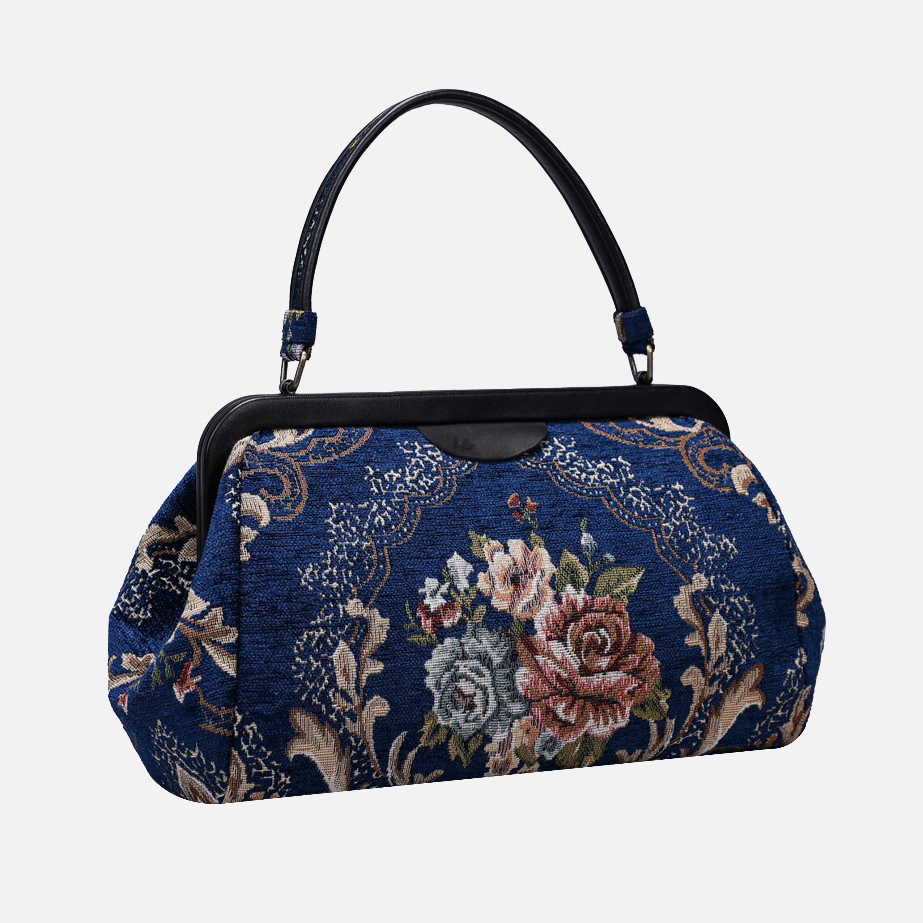 Floral Blue Top Handle Purse carpet bag of America front