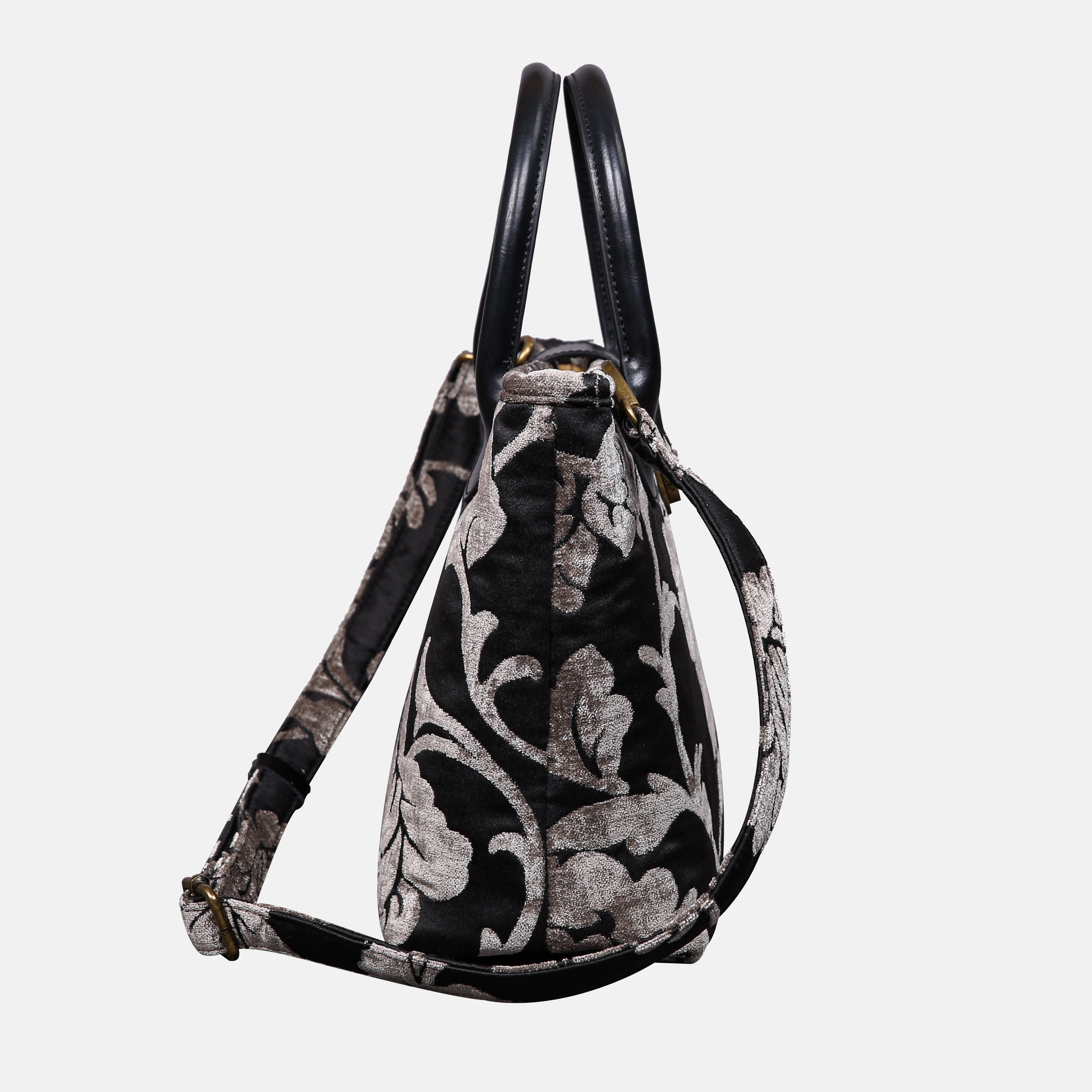 Floral Brocade Grey Tuck Lock Carpet Satchel carpet bag MCW Handmade of America side