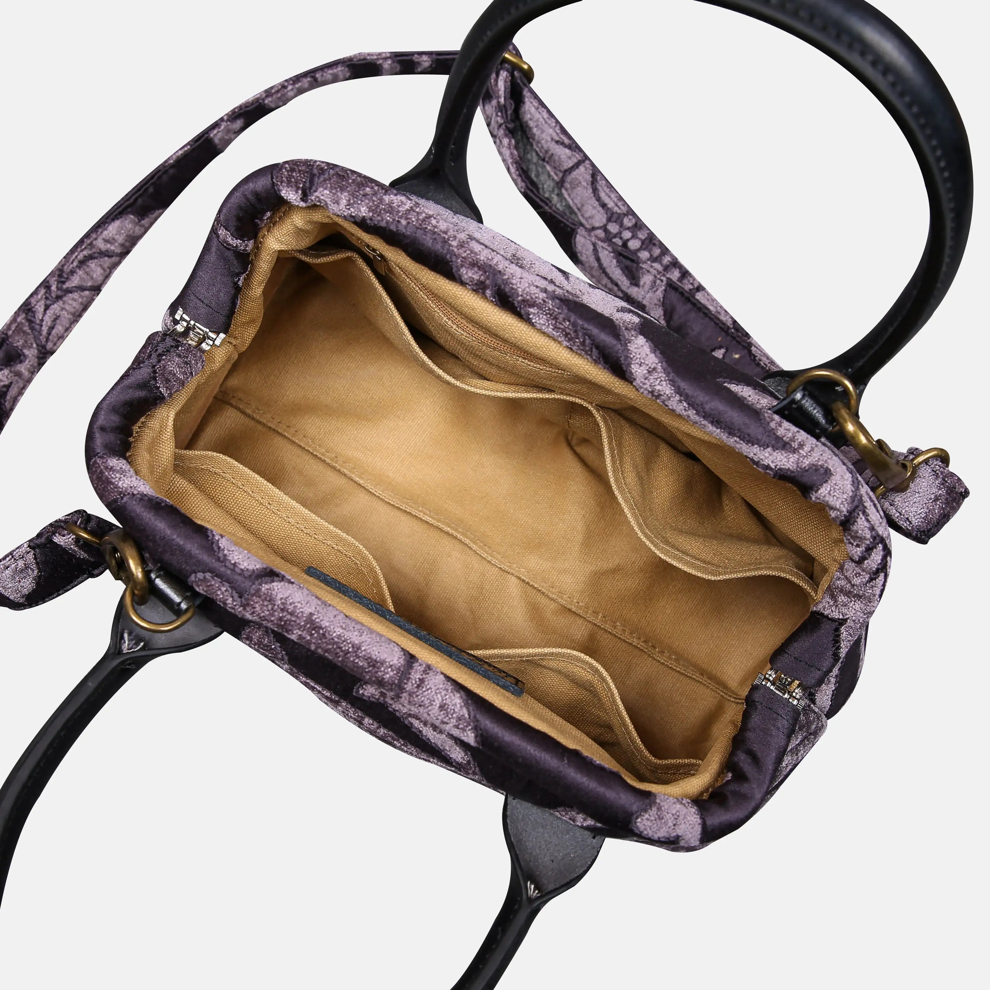 Floral Brocade Purple Carpet Satchel carpet bag MCW Handmade of America open
