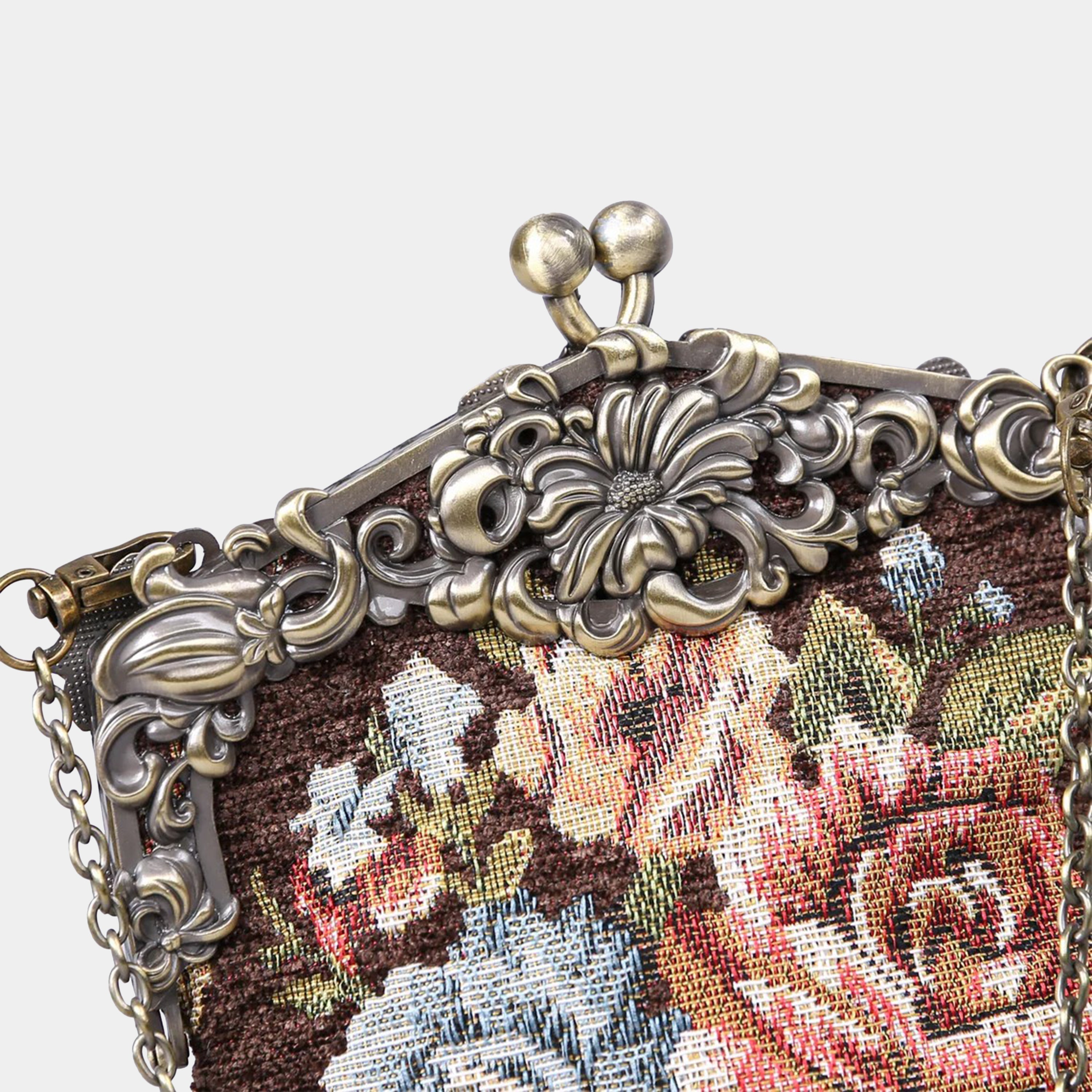 Floral Brown Chatelaine Purse Large carpet bag of America detail