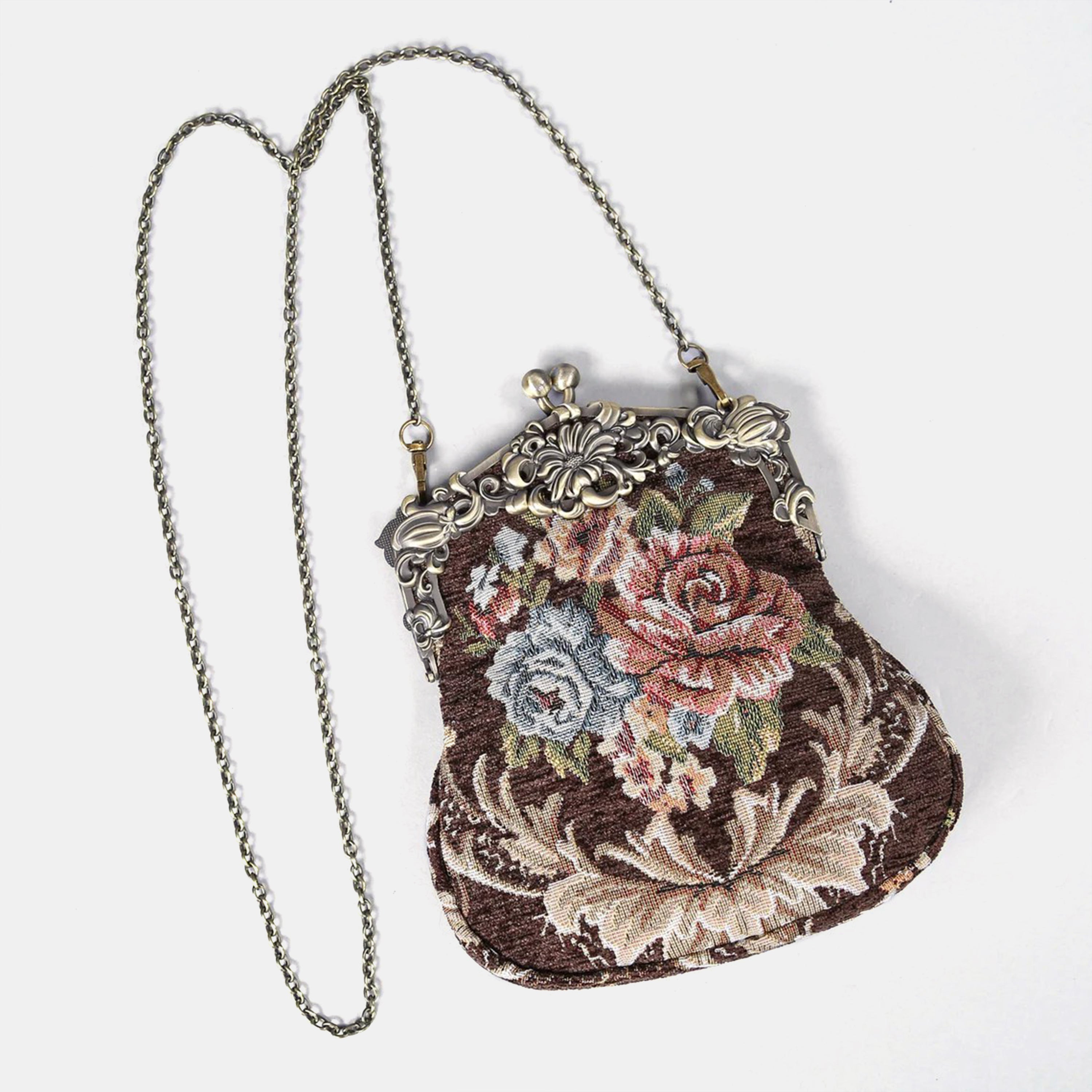 Floral Brown Chatelaine Purse Large carpet bag of America with long chain