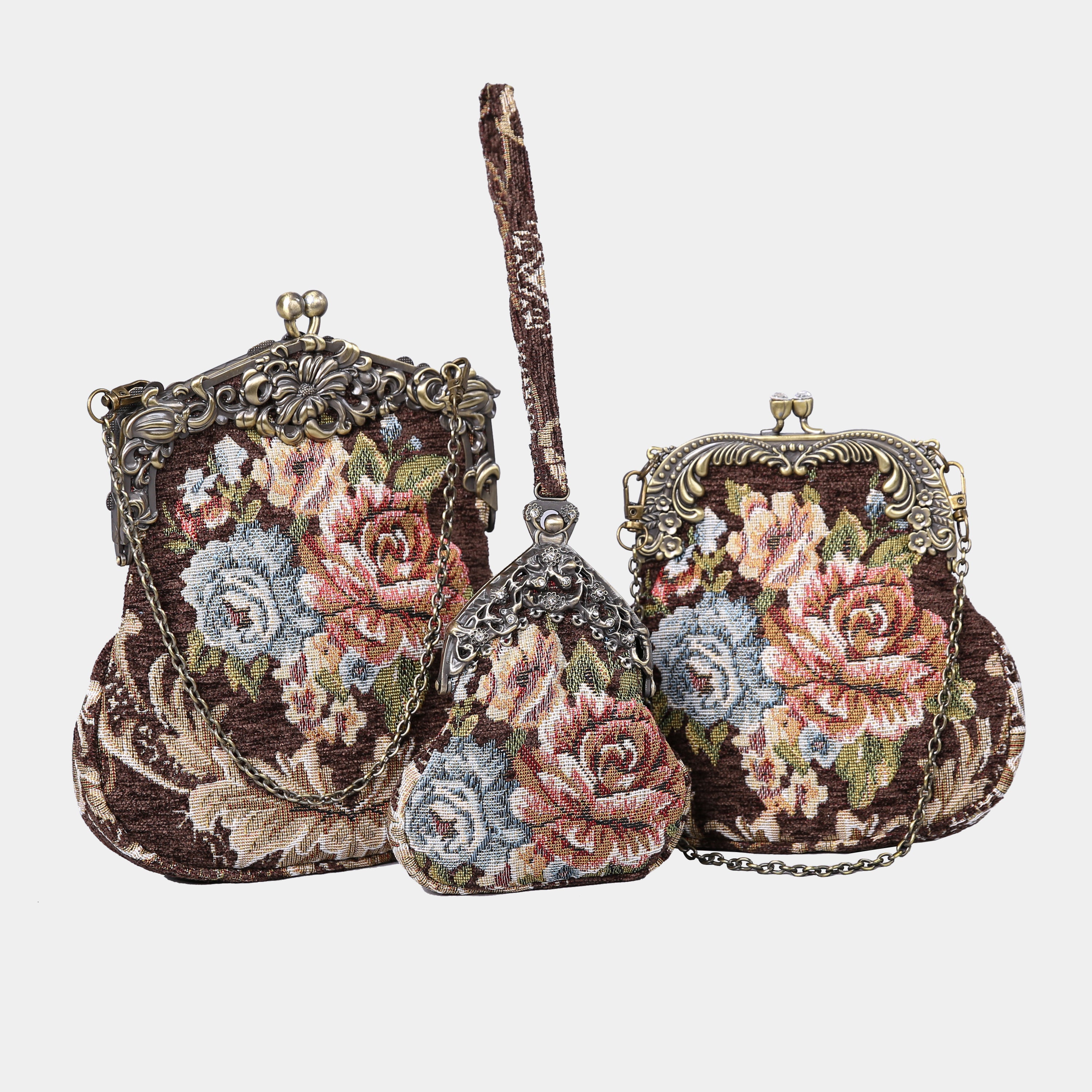 Floral Brown Chatelaine Purse Medium carpet bag of America front