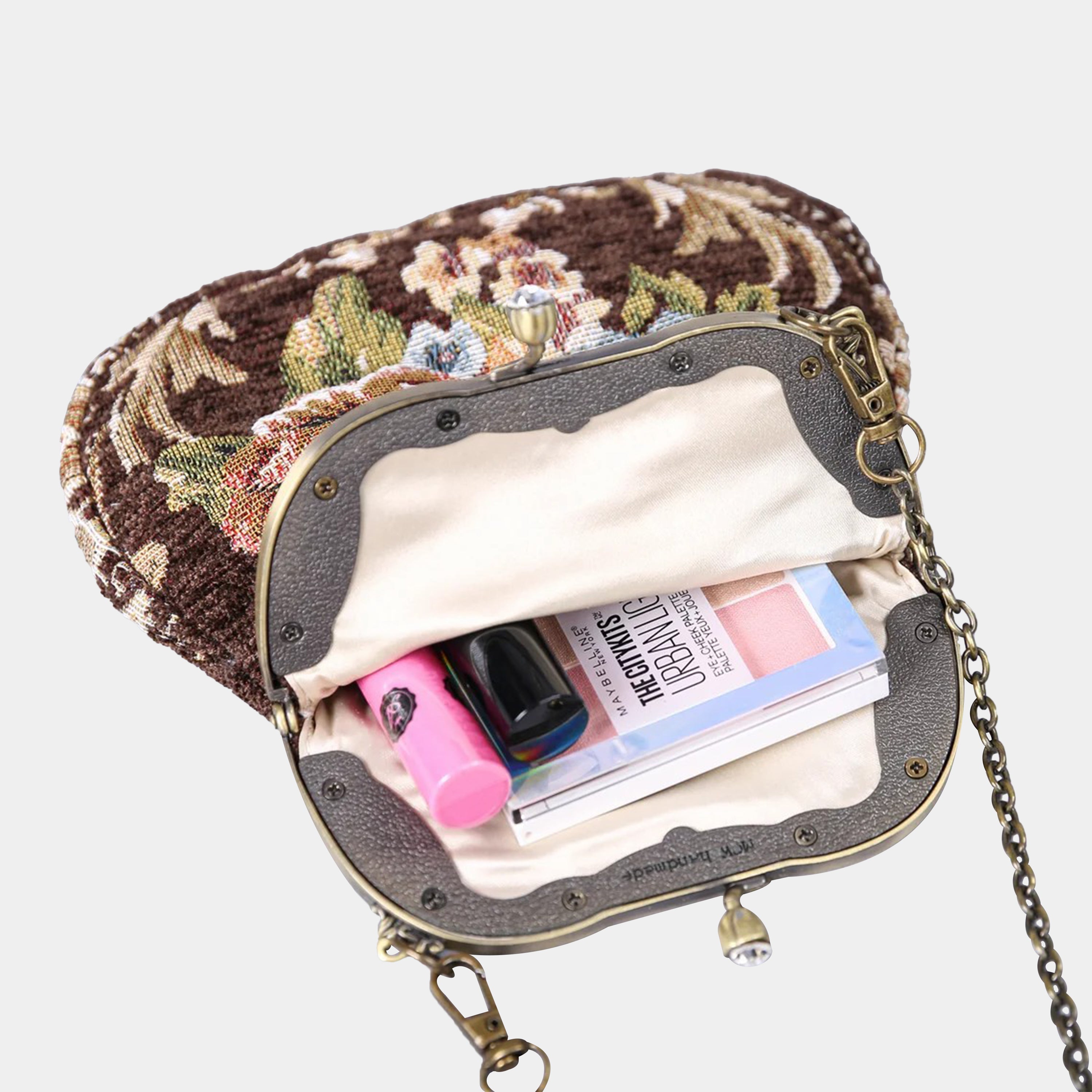 Floral Brown Chatelaine Purse Medium carpet bag of America inside