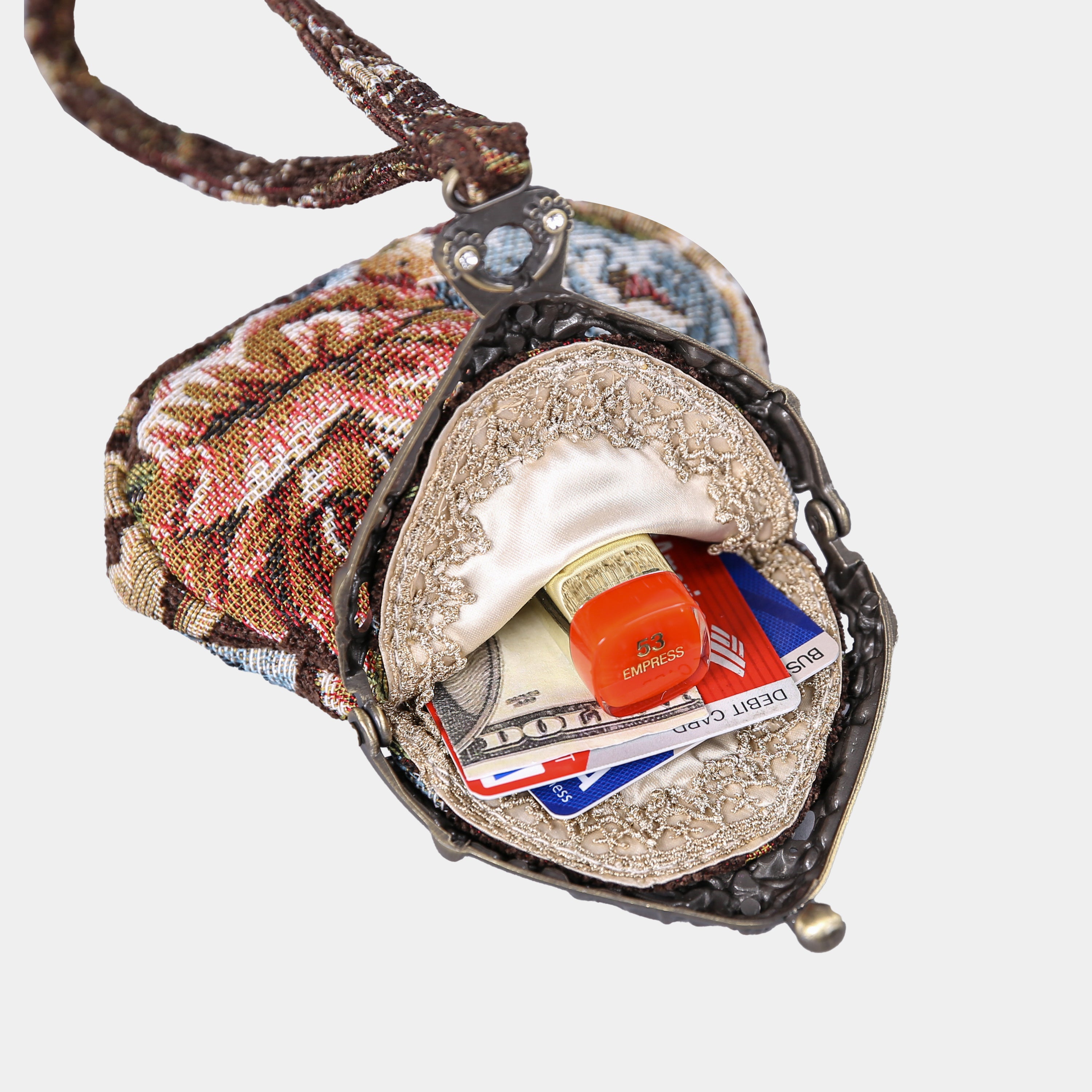 Floral Brown Chatelaine Purse Wristlet Bag carpet bag  of America in use