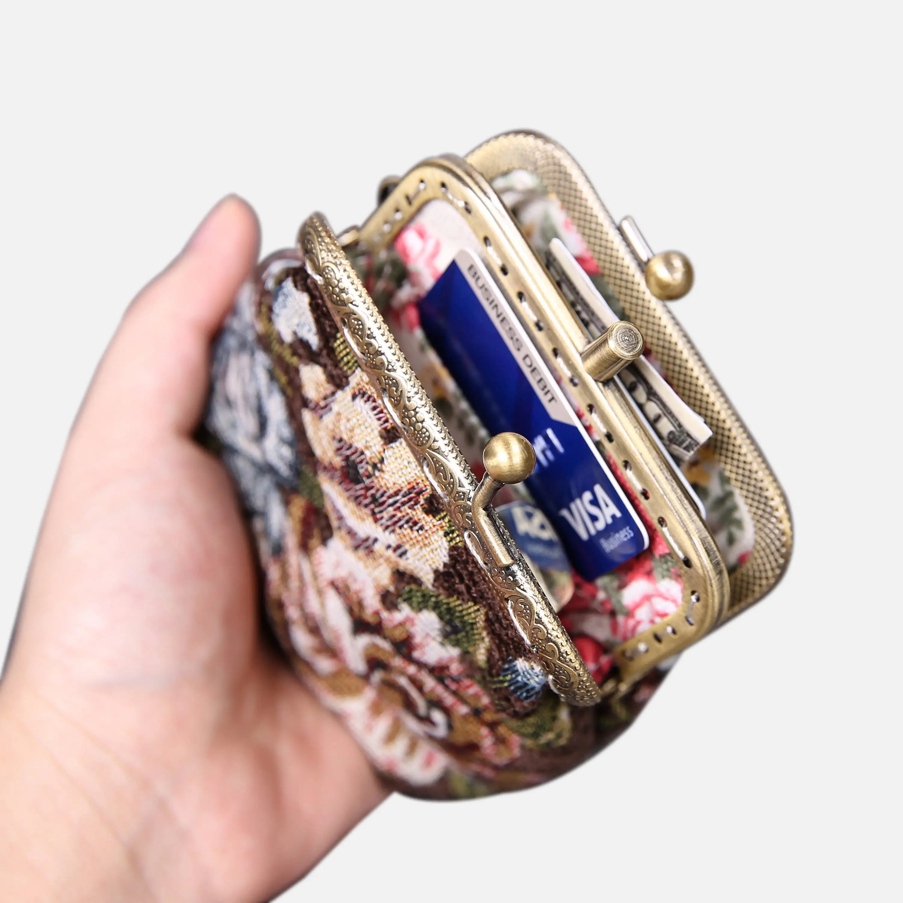 Floral Brown Double Kiss Clasp Coin Purse of America in use-1