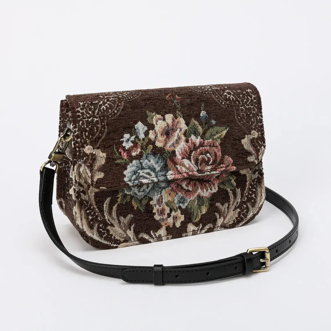 Floral Brown Flap Crossbody Bag carpet bag of America front