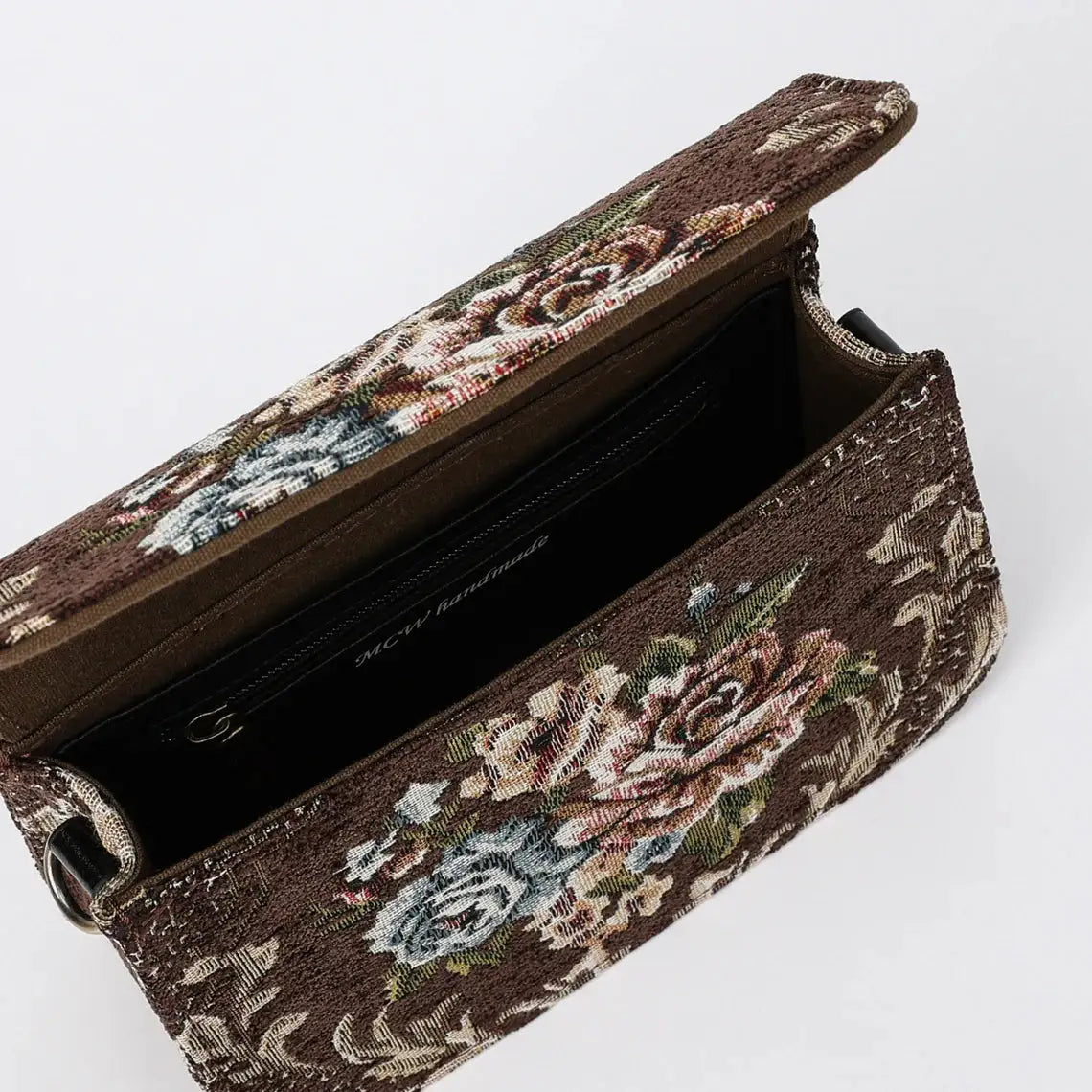 Floral Brown Flap Crossbody Bag carpet bag of America opening