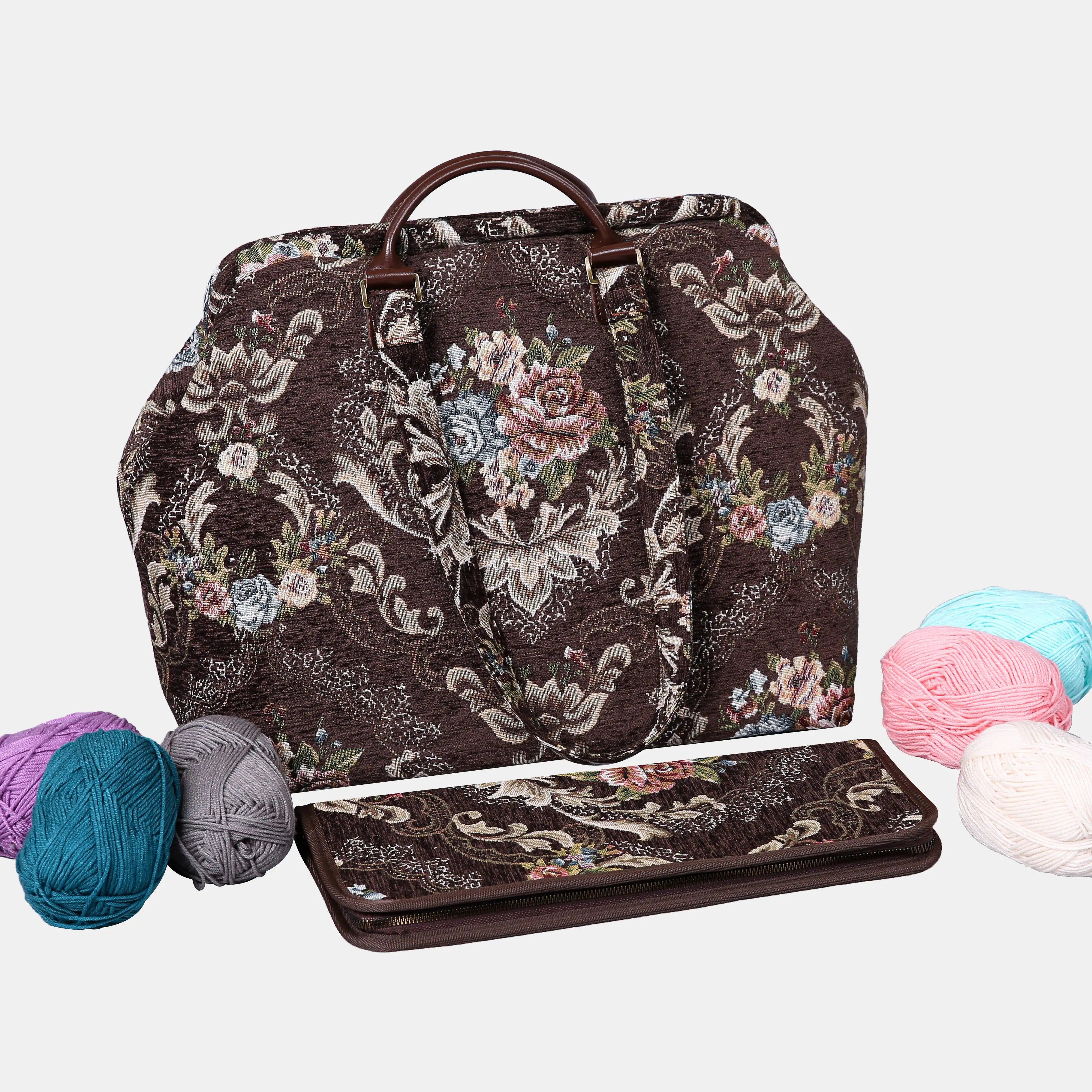 Floral Brown Knitting Project Bag  of America-with yarn ball