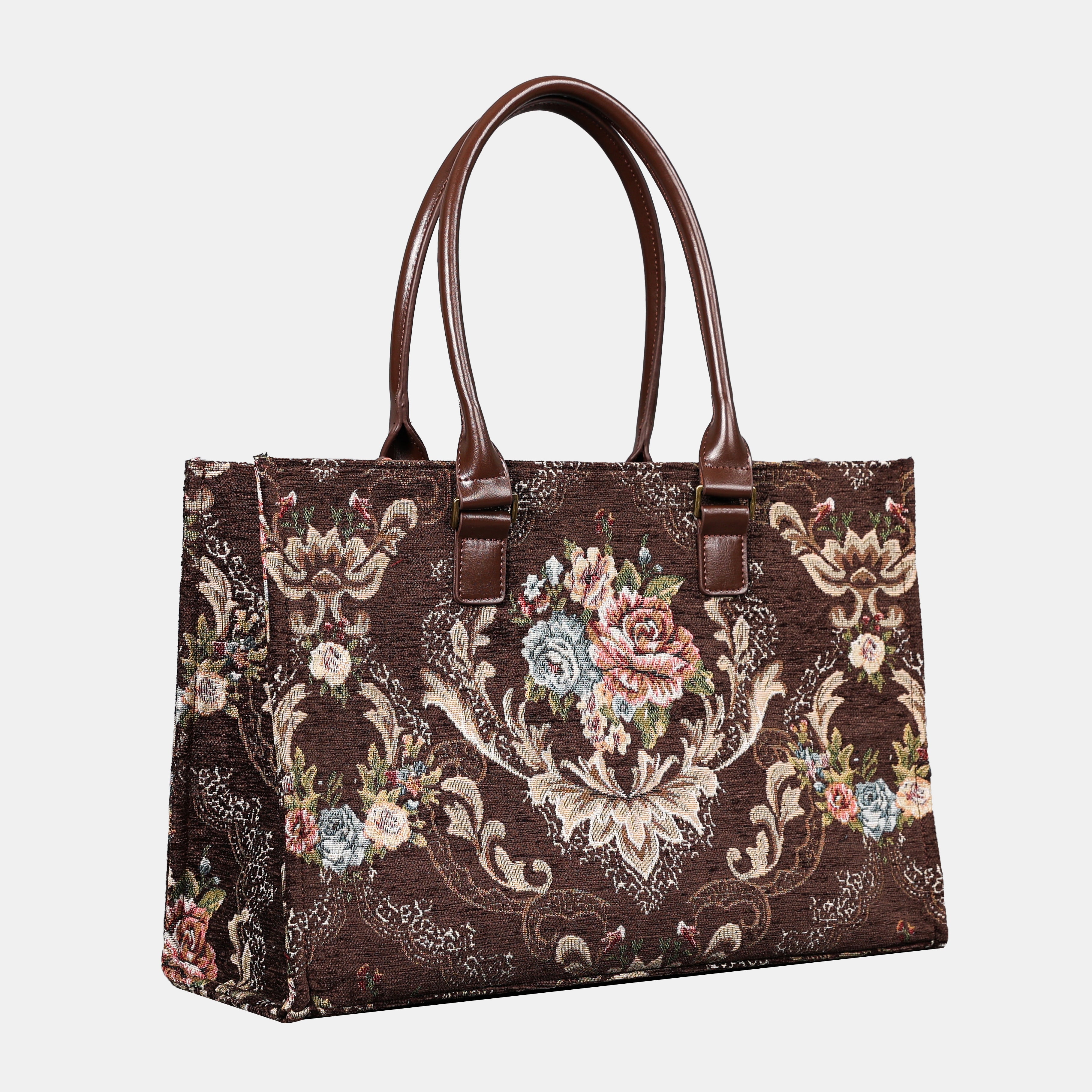 Floral Brown Laptop Work Tote of America front