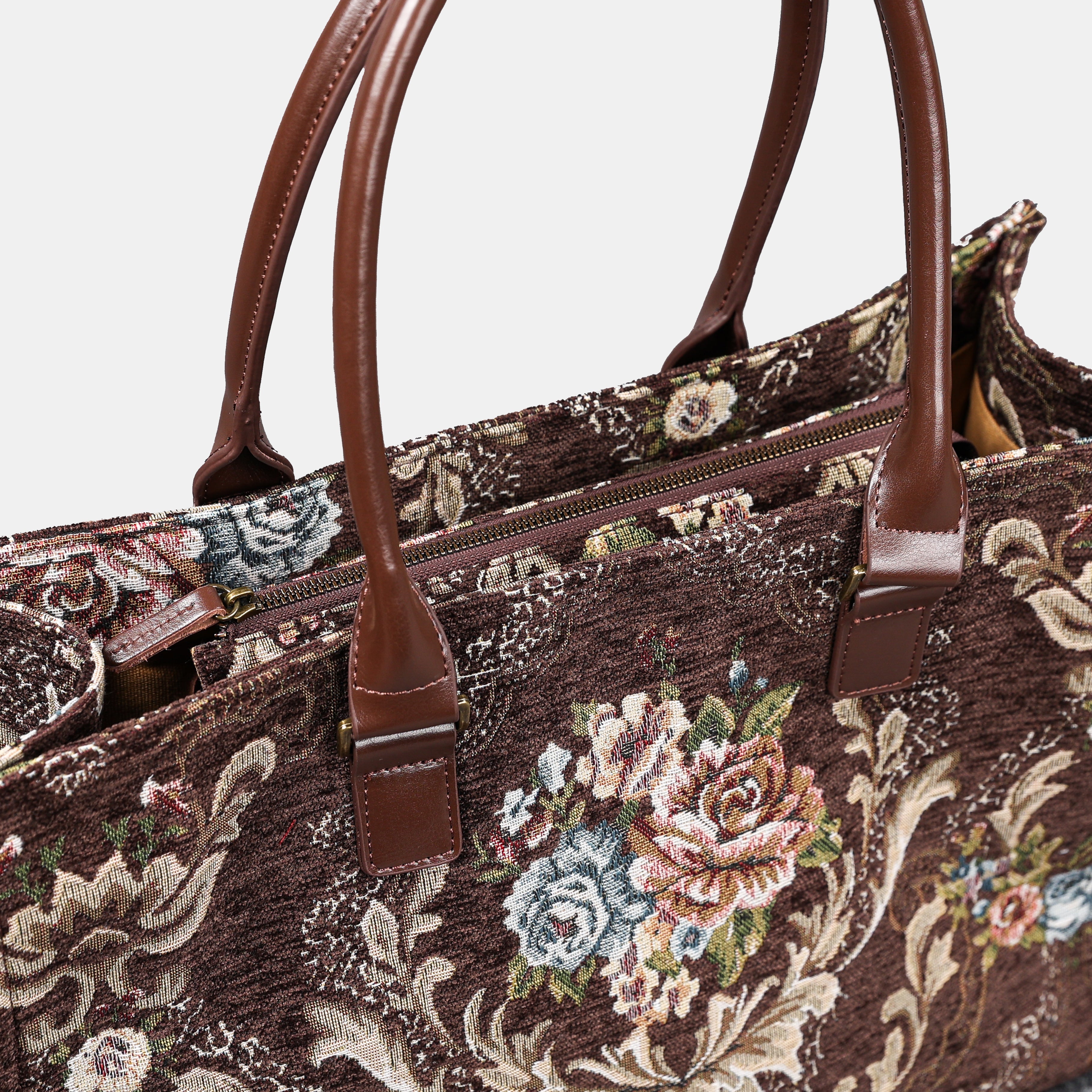 Floral Brown Laptop Work Tote of America zipper