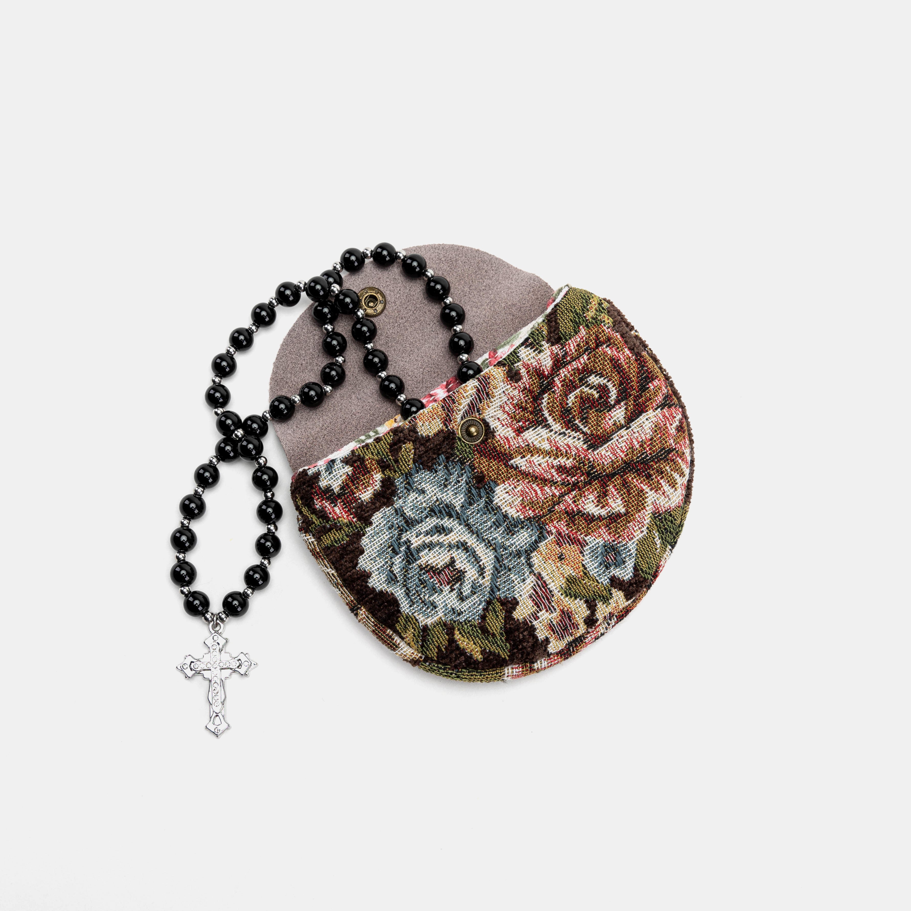 Floral Brown Rosary Bag Carpetbag of America with rosary beads