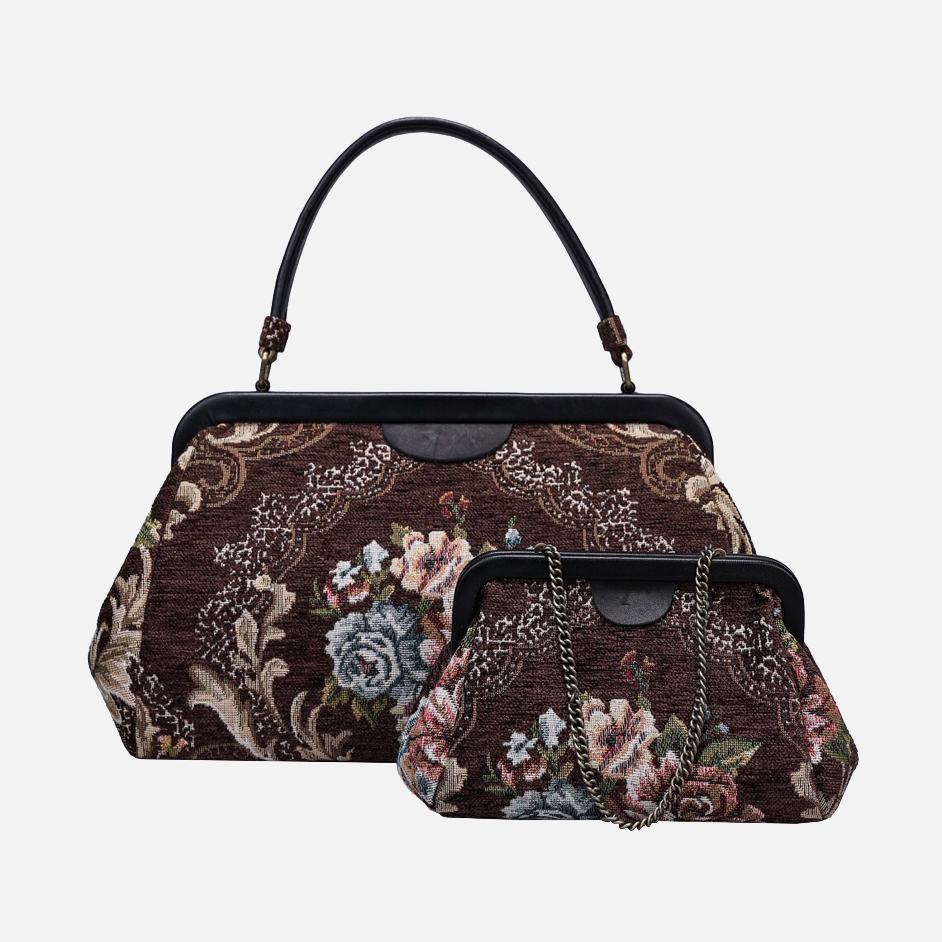 Floral Brown Top Handle Purse carpet bag of America different size