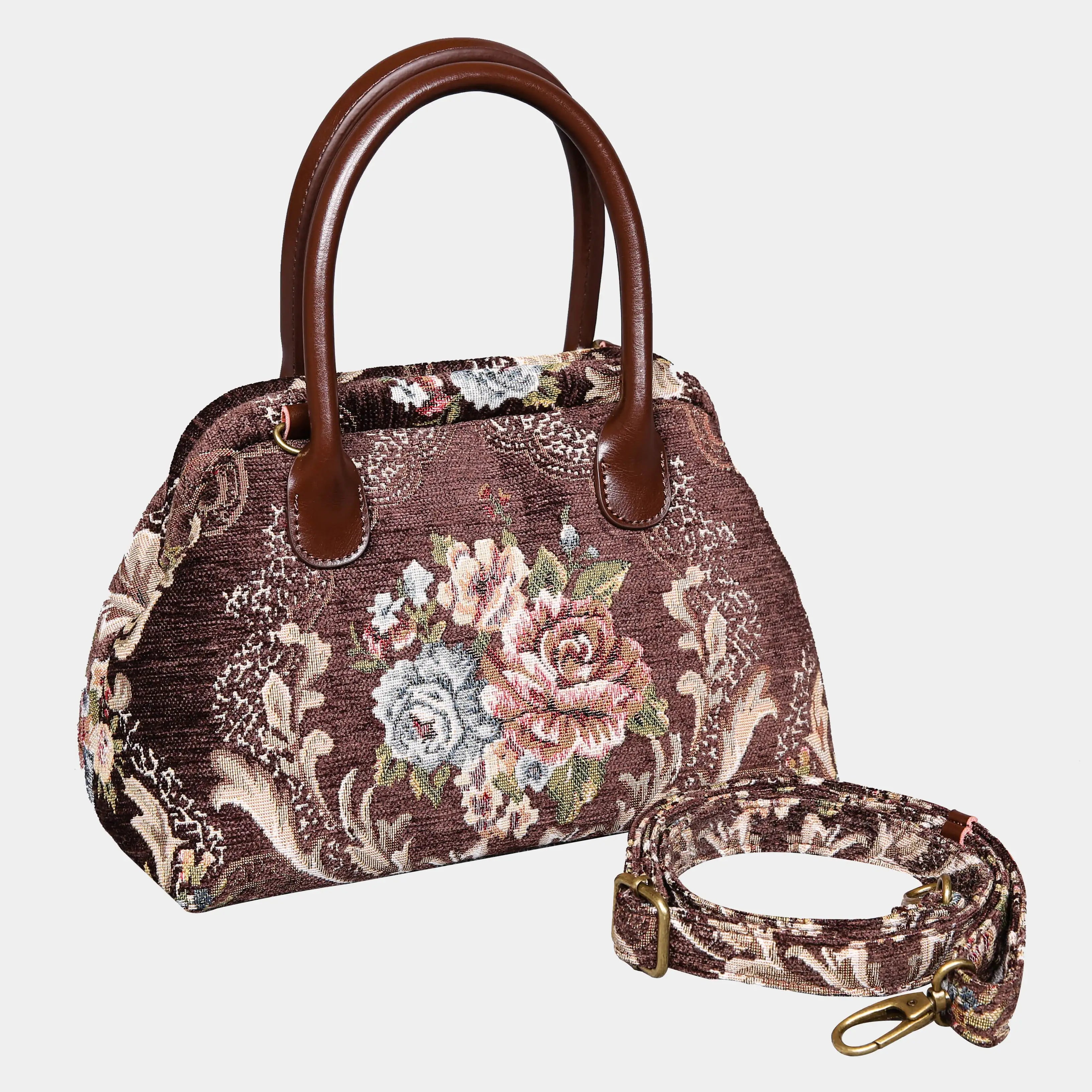 Floral Coffee Carpet Satchel carpet bag MCW Handmade of America with strap
