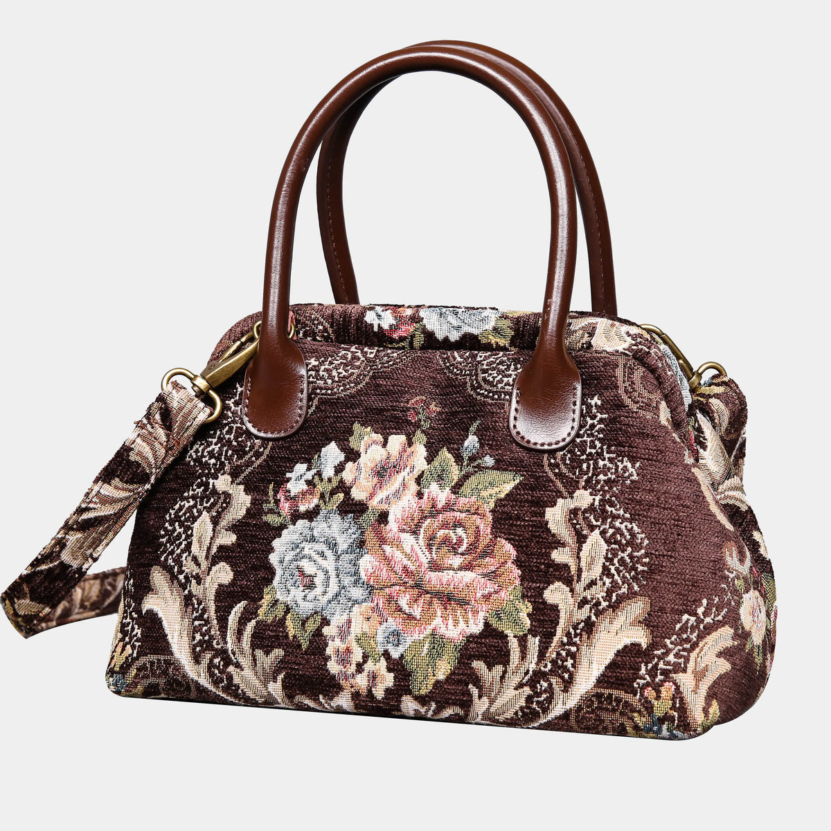 Floral Coffee Carpet Satchel carpet bag MCW Handmade of America front