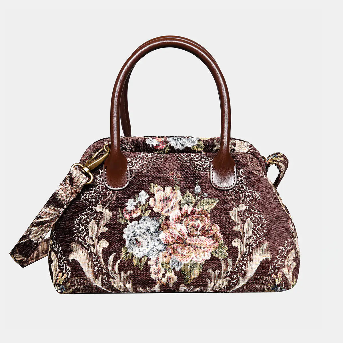 Floral coffee embroidered handbag with brown handle on a light gray background