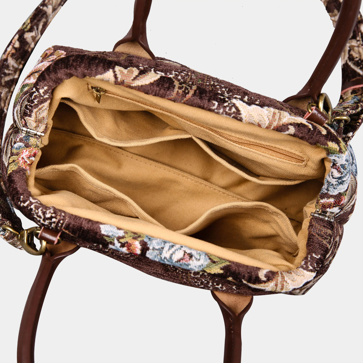Floral Coffee Carpet Satchel carpet bag MCW Handmade of America open