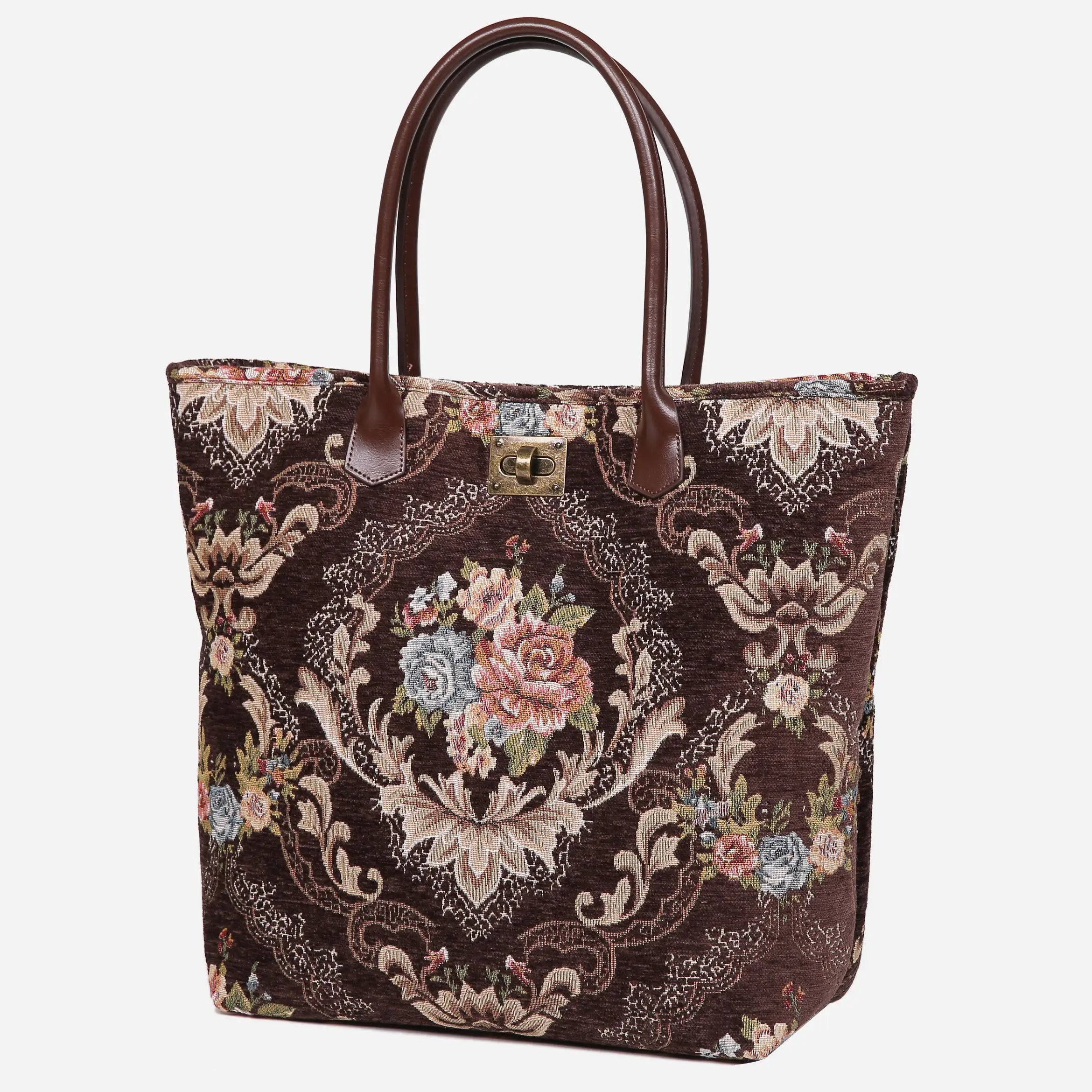 Floral Coffee Carpet Tote Shopper Carpetbag of America front