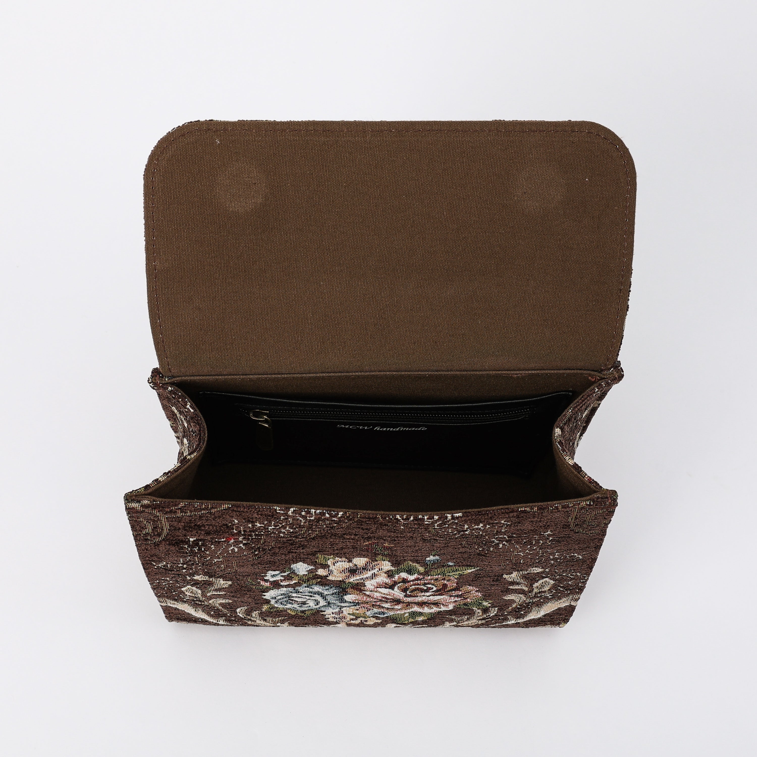 Floral Coffee Flap Satchel Carpetbag of America inside