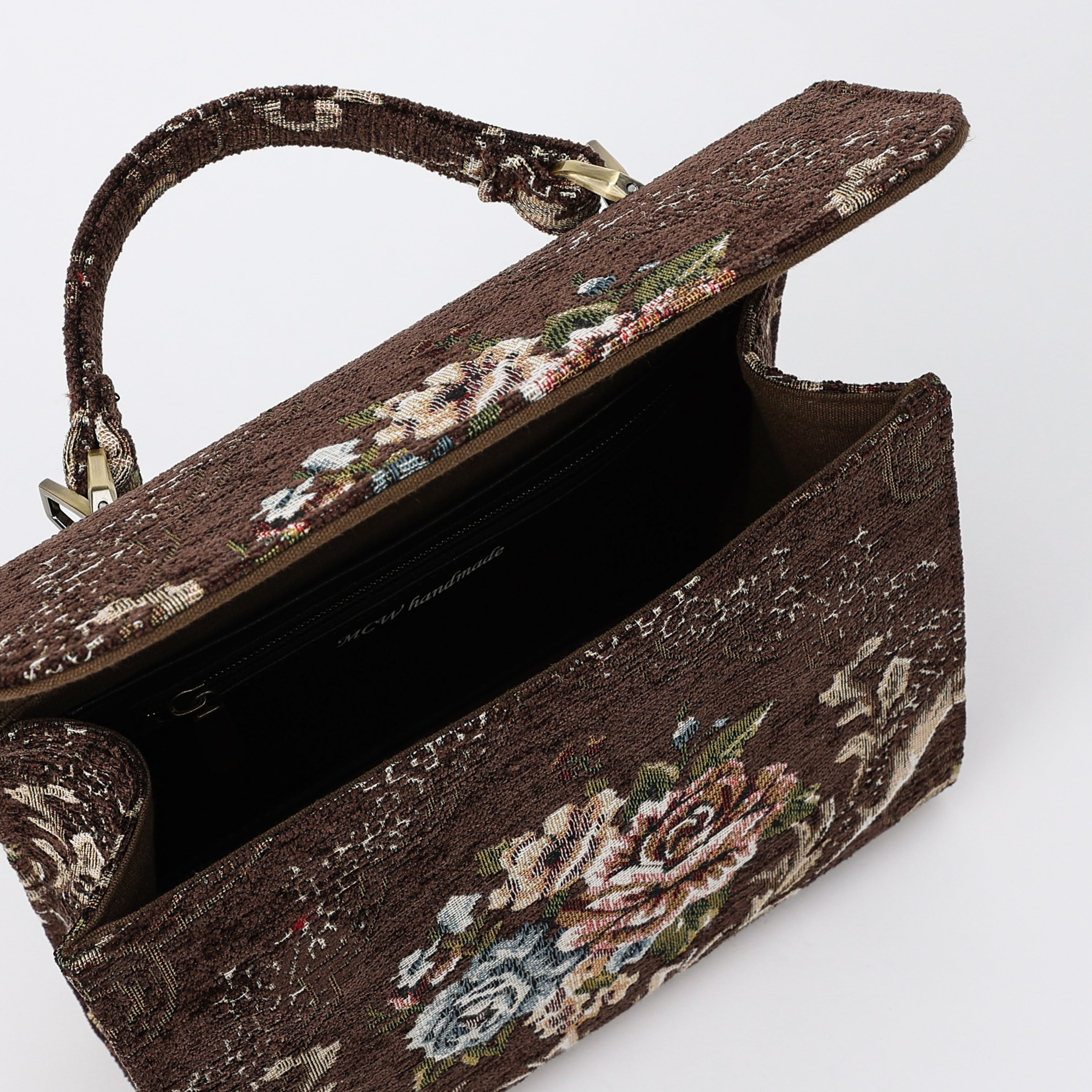 Floral Coffee Flap Satchel Carpetbag of America opening