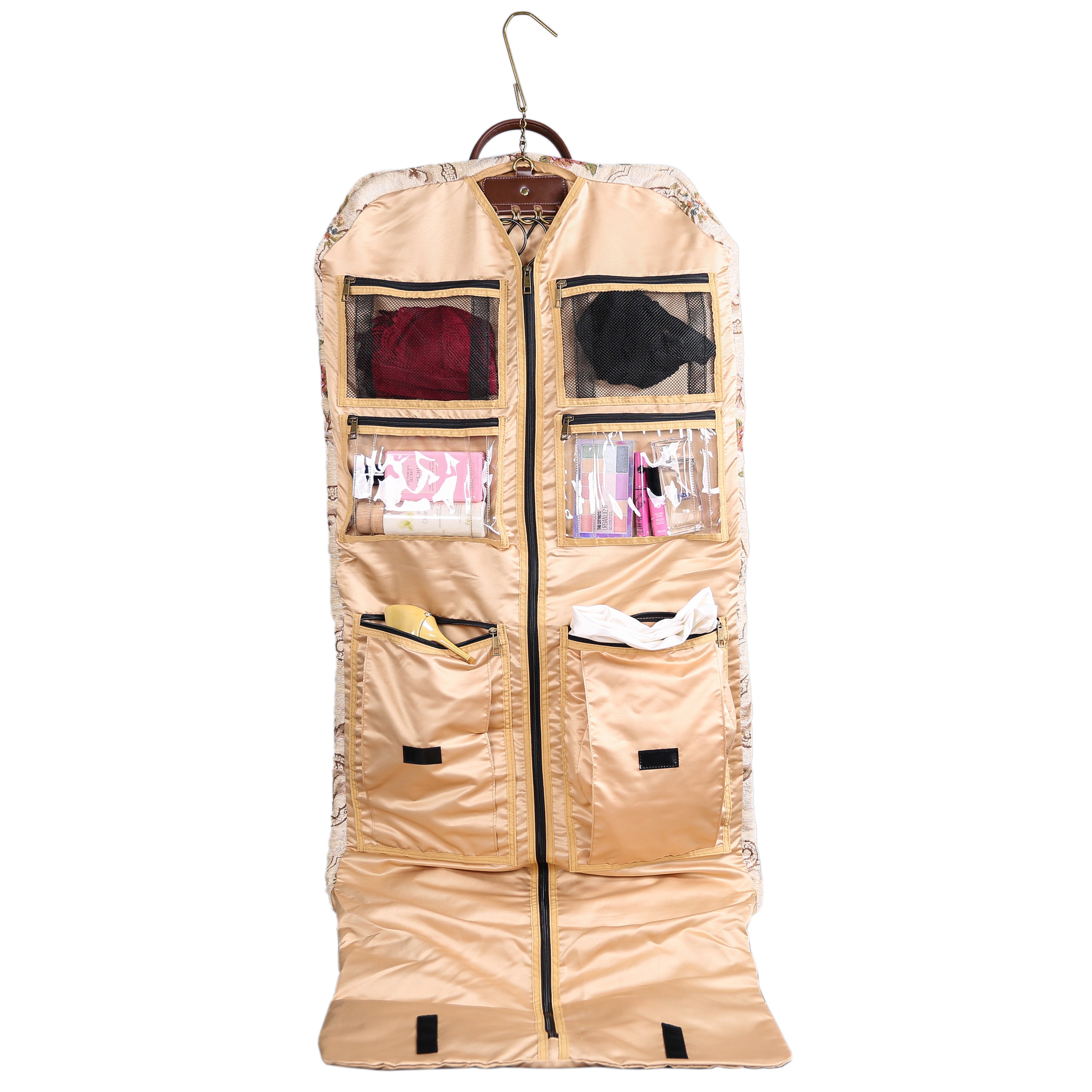 Floral Cream Carpet Garment Bag carpet bag of America in  use
