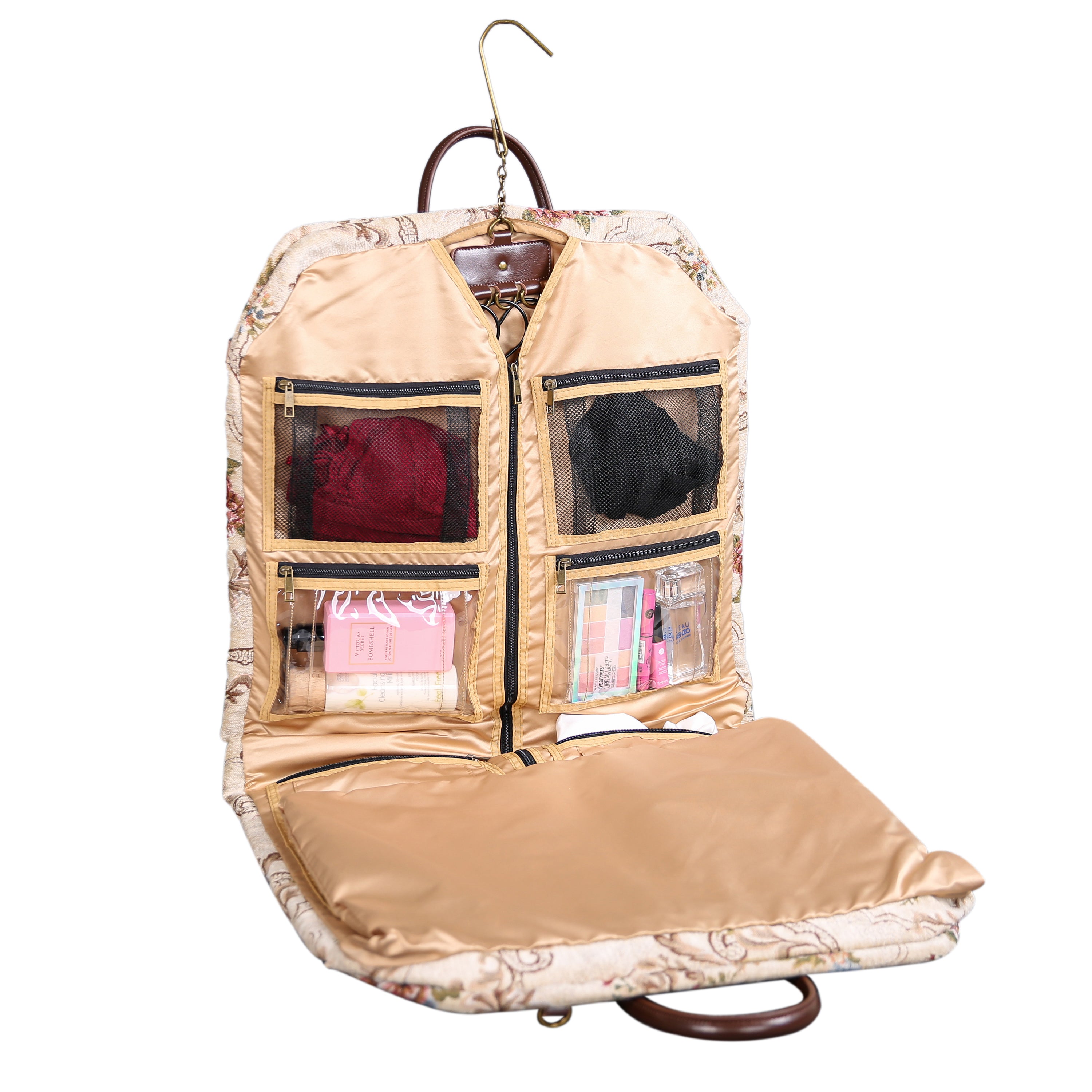 Floral Cream Carpet Garment Bag carpet bag of America in use