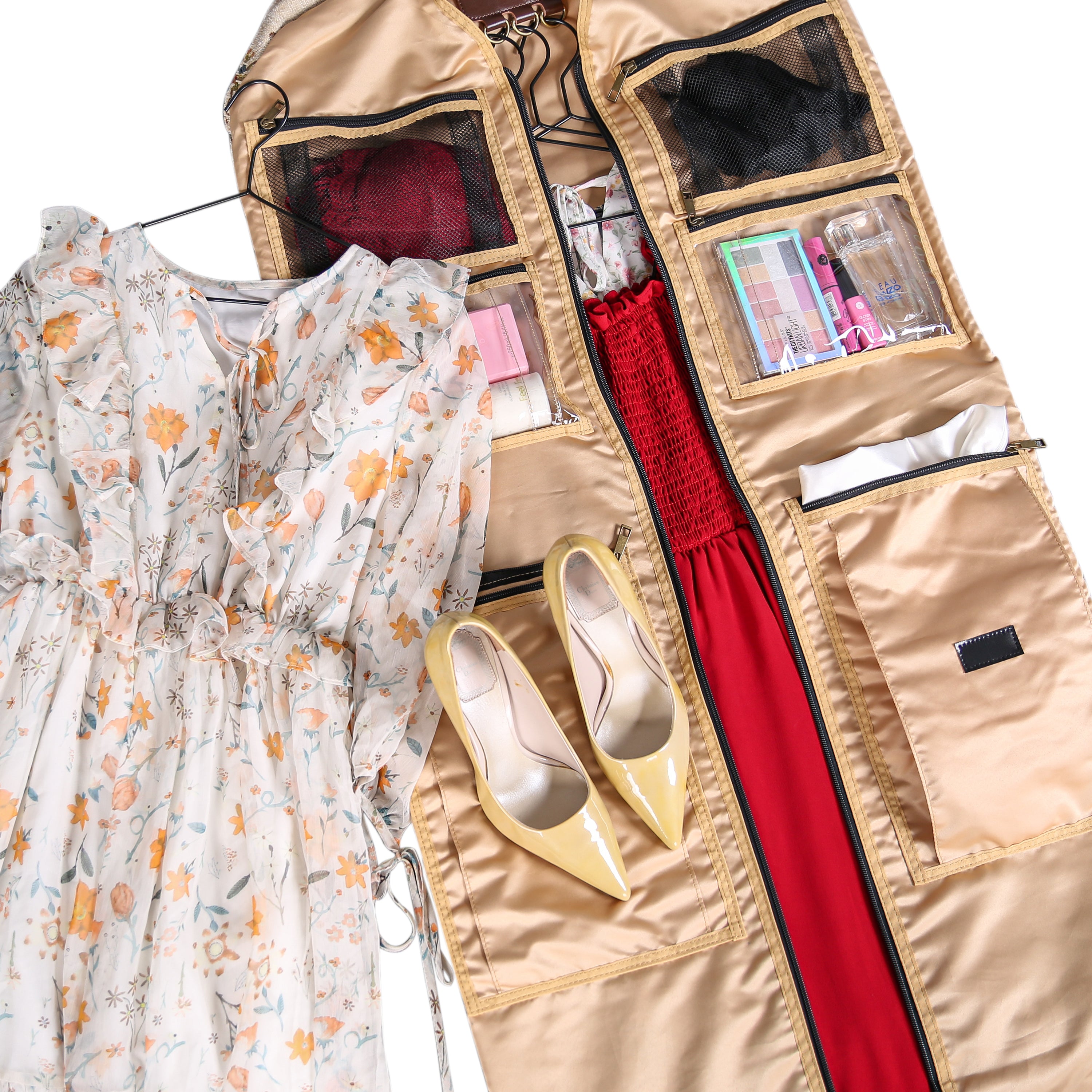 Floral Cream Carpet Garment Bag carpet bag of America in use