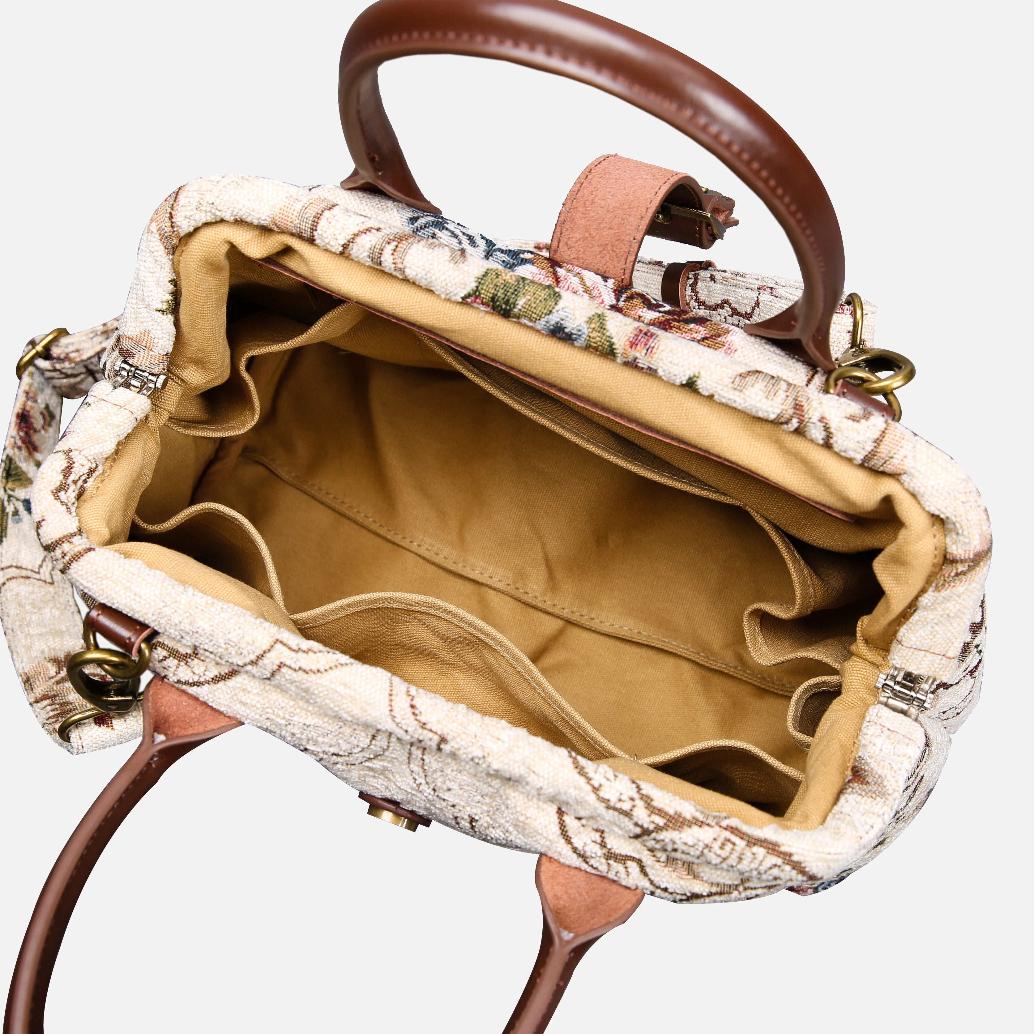 Floral Cream Carpet Handbag Purse carpet bag MCW Handmade of America  open