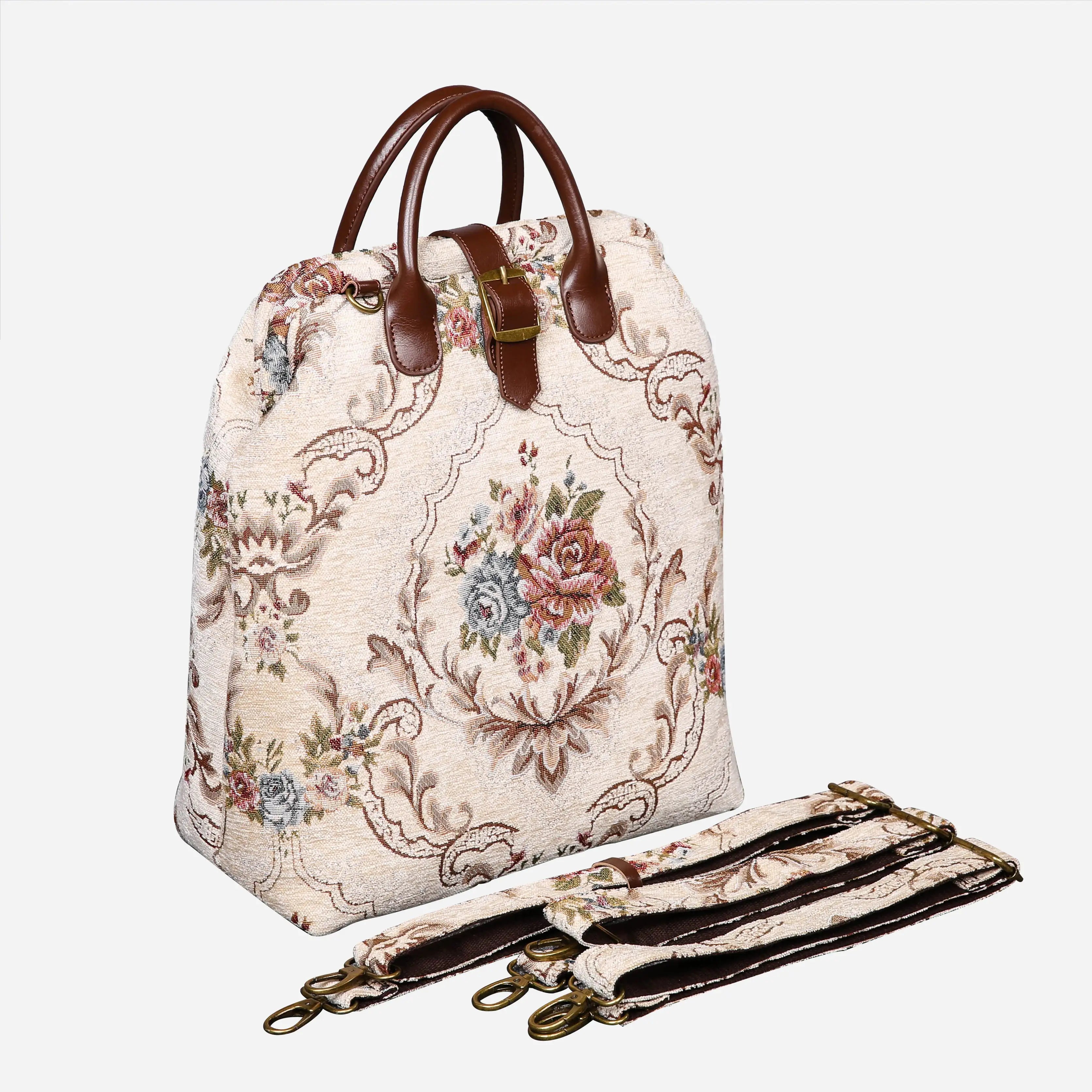 Floral Cream Carpet Laptop Backpack Carpetbag of America with shoulder straps