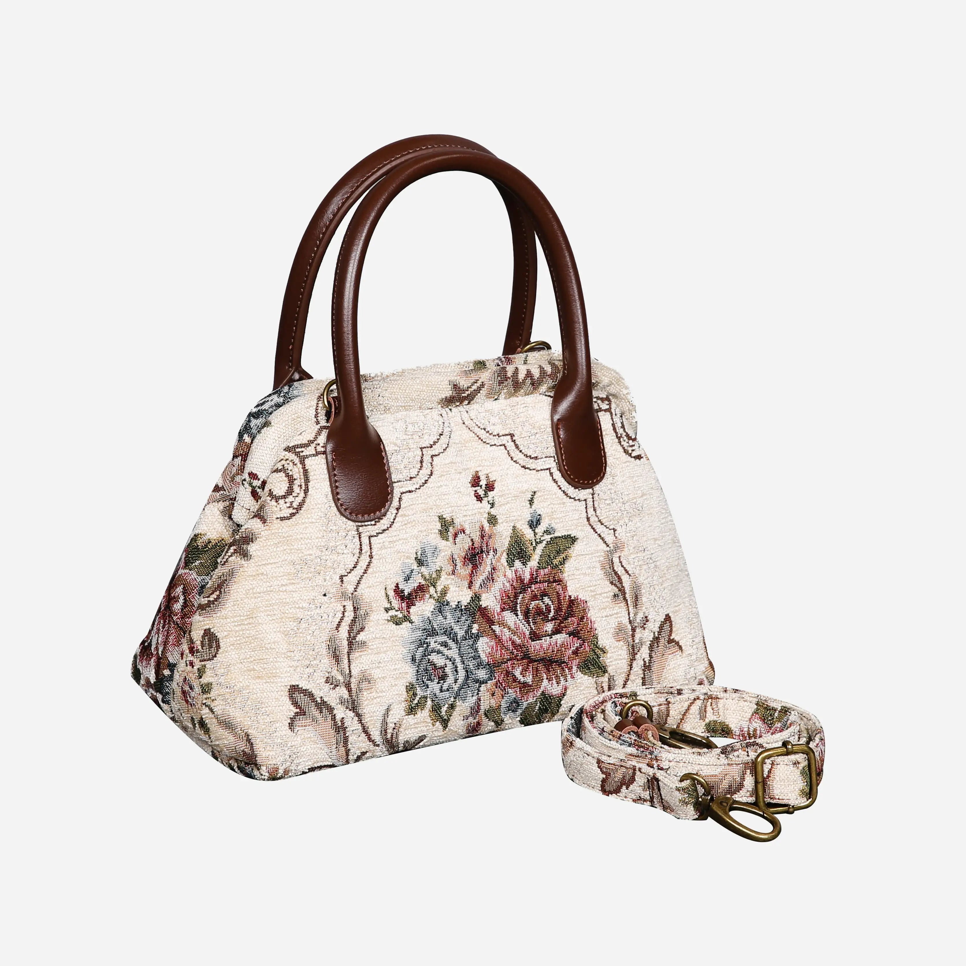 Floral Cream Carpet Satchel carpet bag MCW Handmade of America with strap