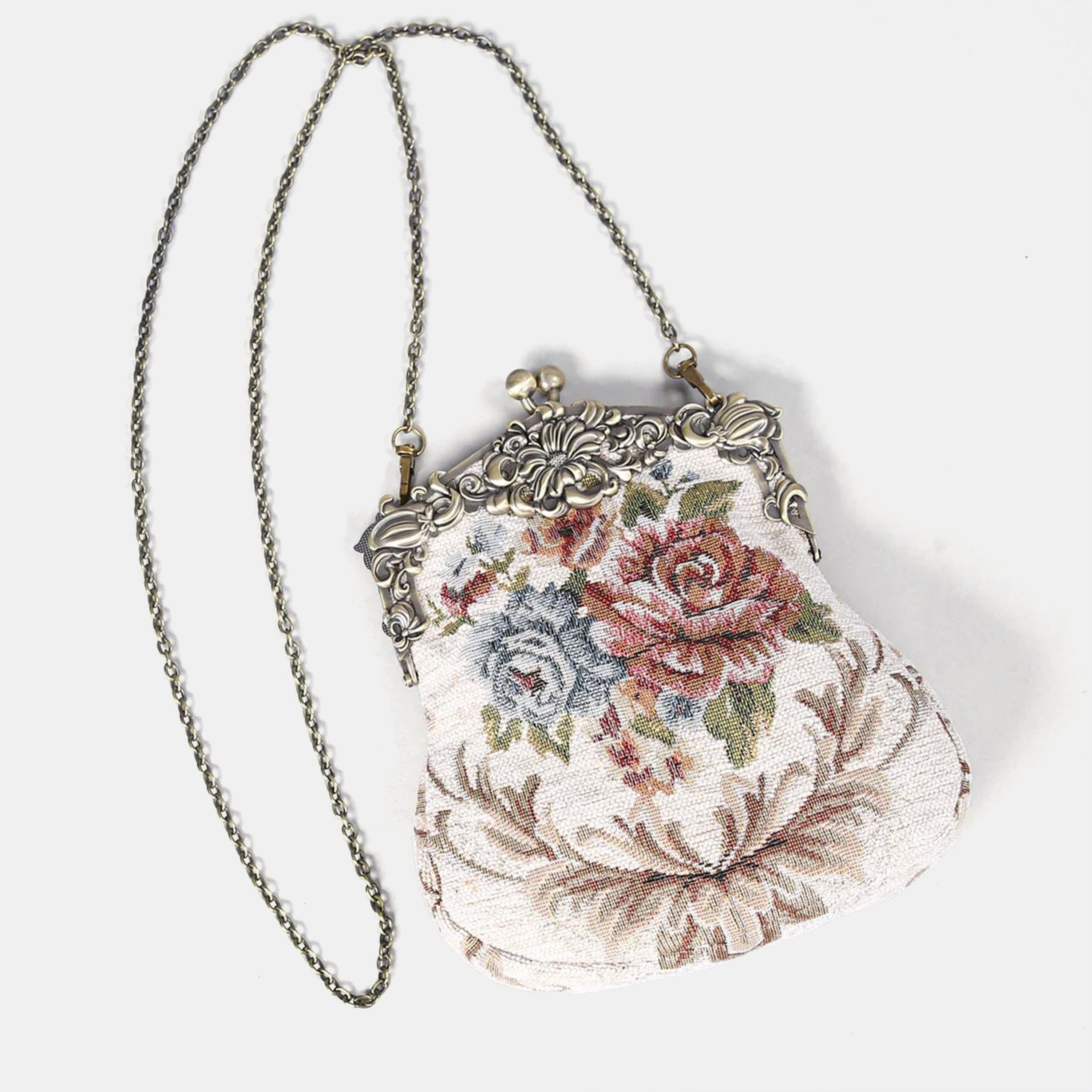 Floral Cream Chatelaine Purse Large carpet bag of America with long chain