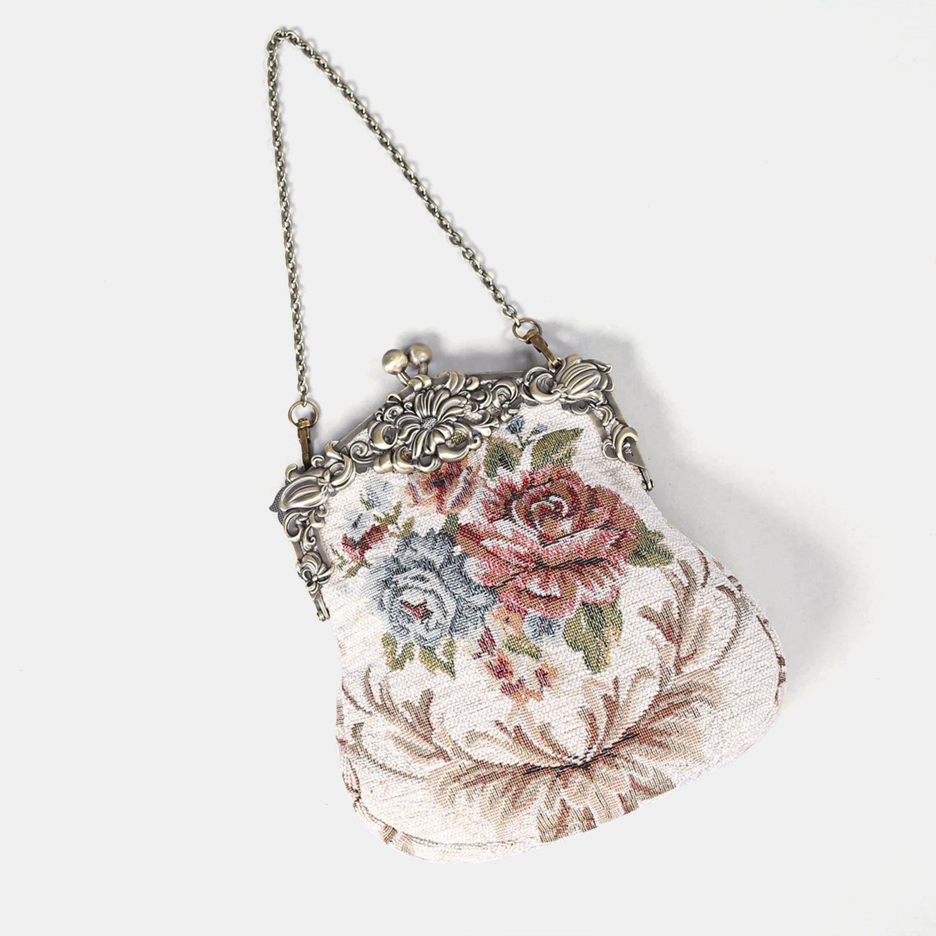 Floral Cream Chatelaine Purse Large carpet bag of America lay flat
