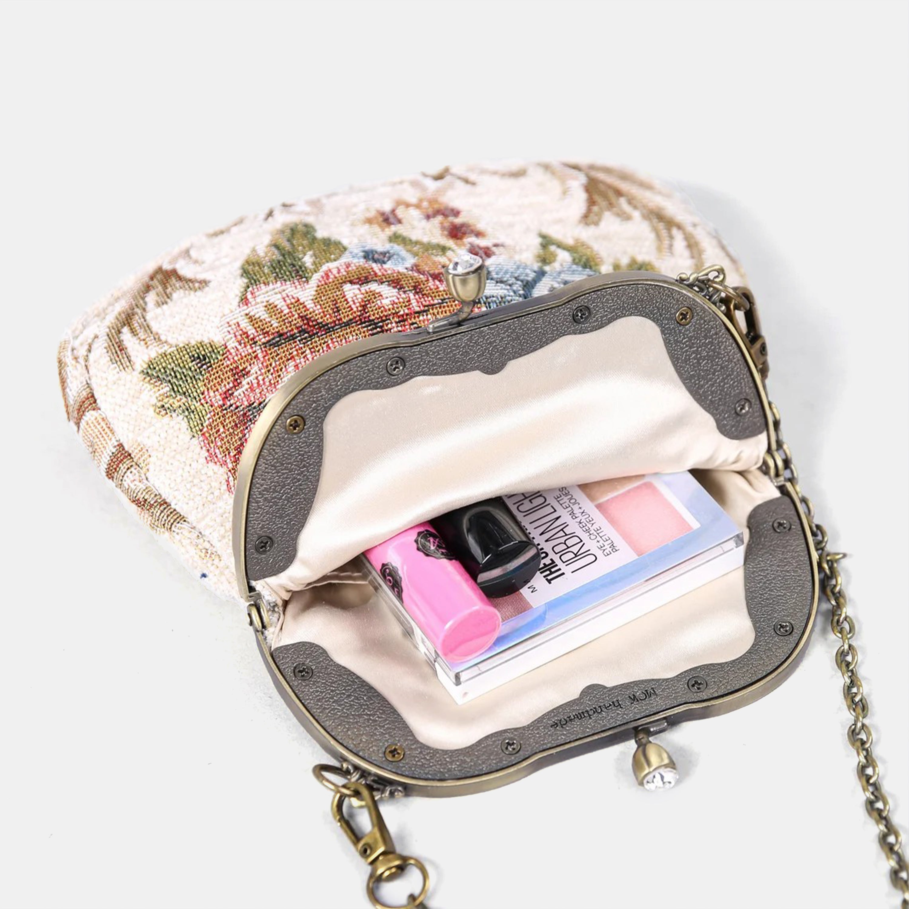 Floral Cream Chatelaine Purse Medium carpet bag of America inside