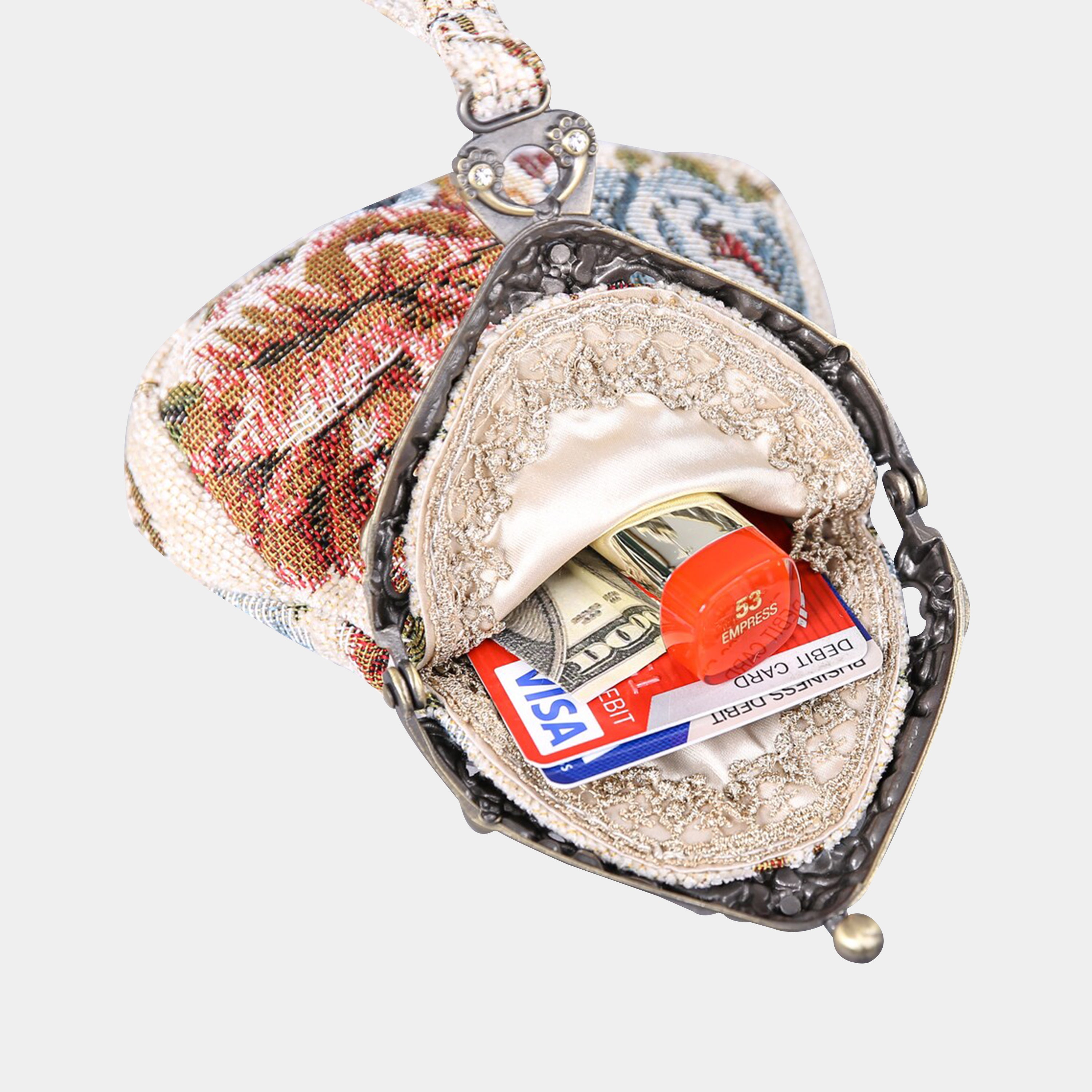 Floral Cream Chatelaine Purse Wristlet Bag carpet bag  of America in use
