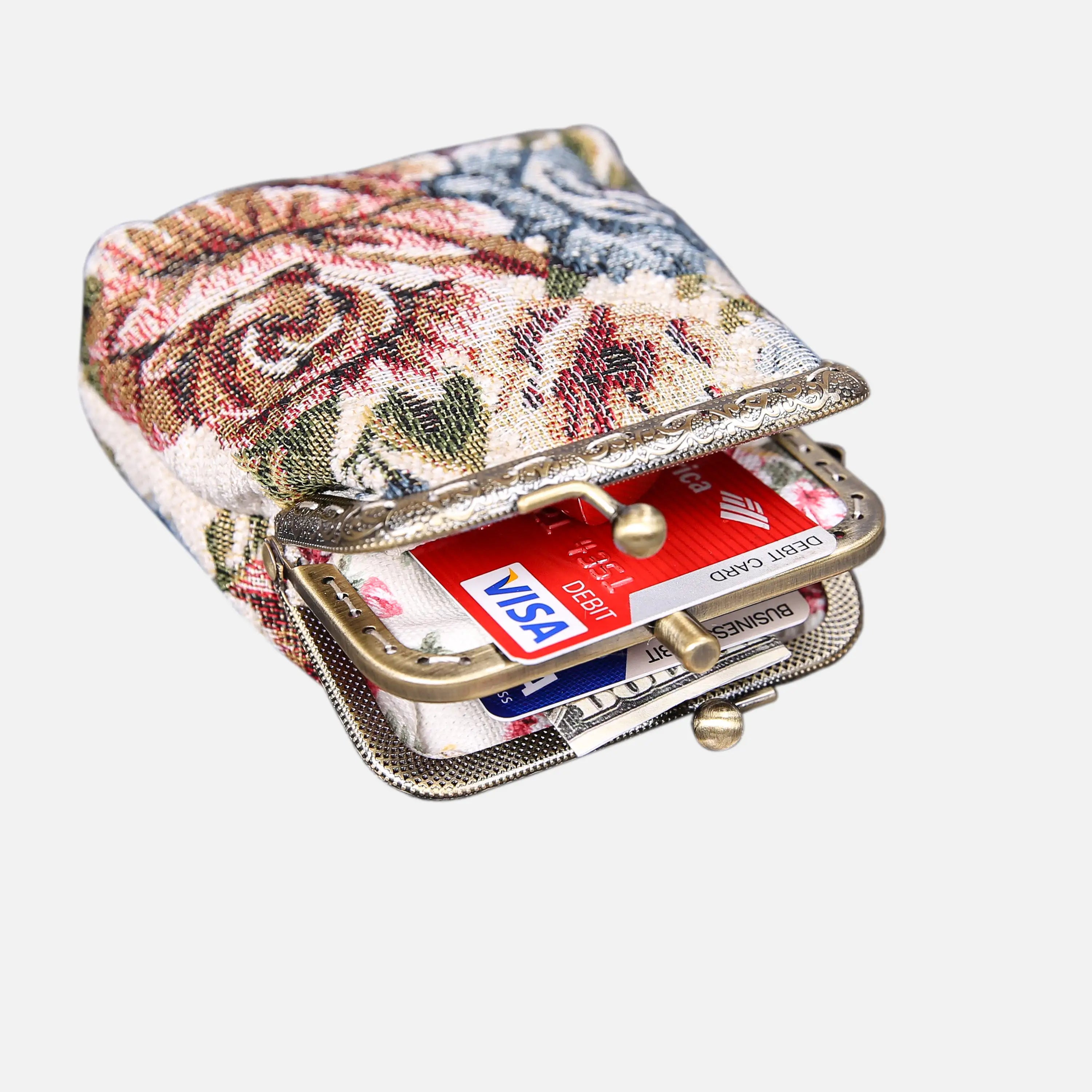 Floral Cream Double Kiss Clasp Coin Purse of America in use-3