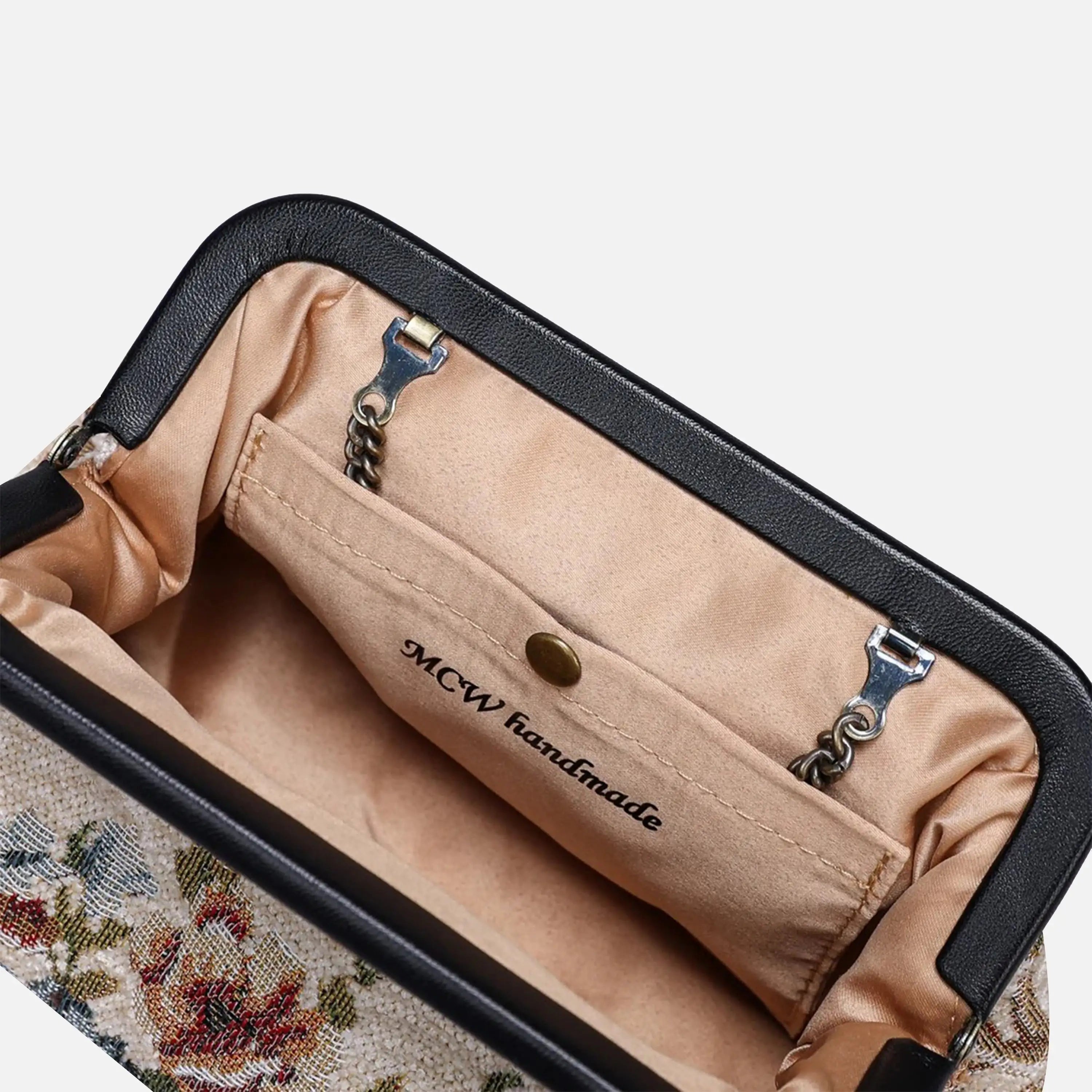 Floral Cream Evening Bag Clutch carpet bag of America logo