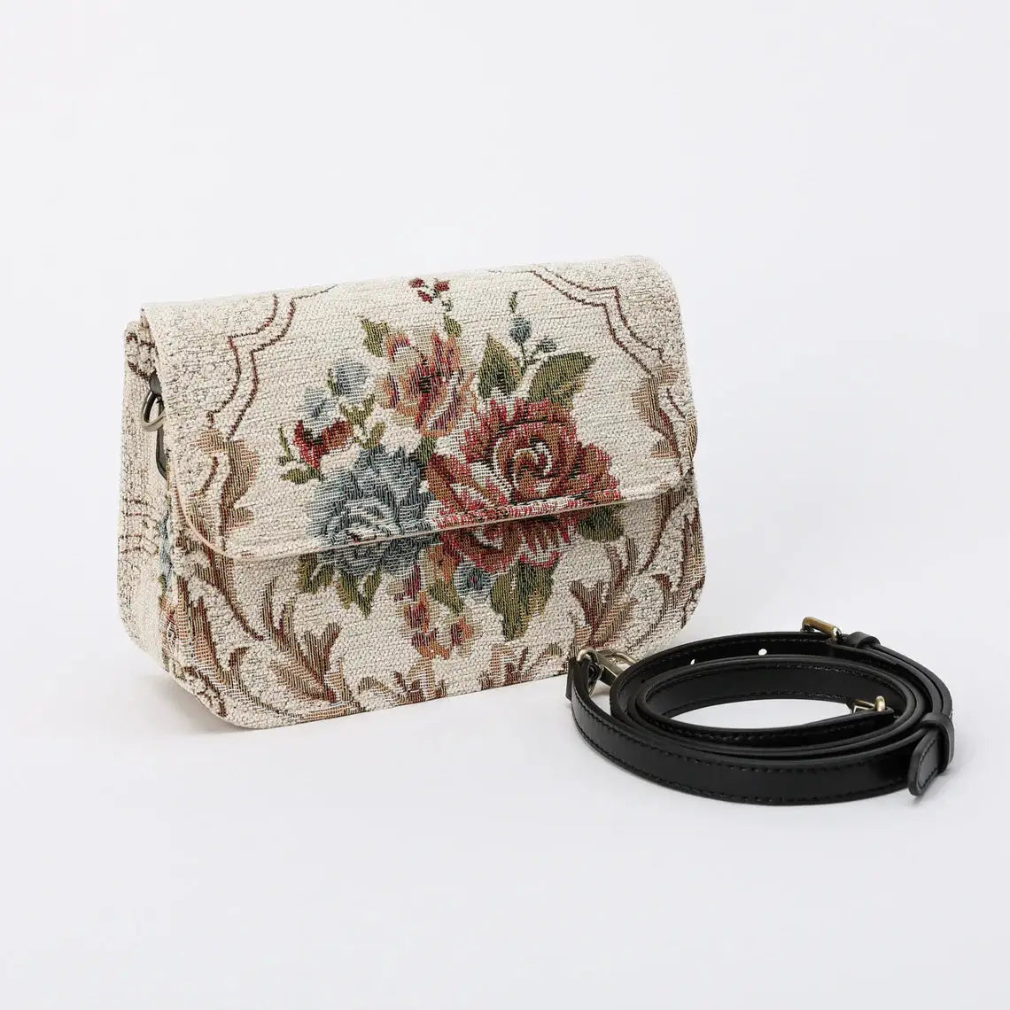 Floral Cream Flap Crossbody Bag carpet bag of America with shoulder strap