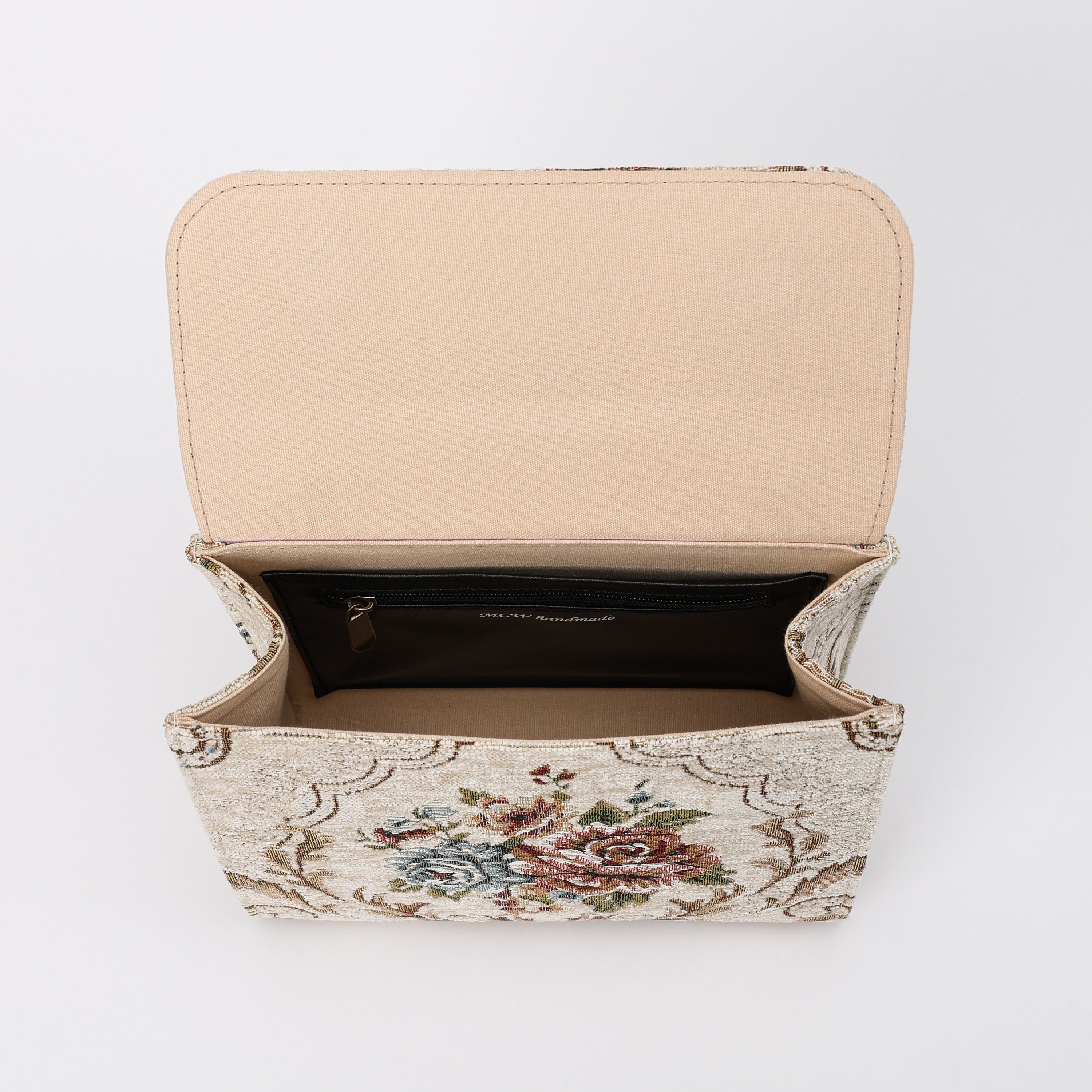 Floral Cream Flap Satchel Carpetbag of America inside