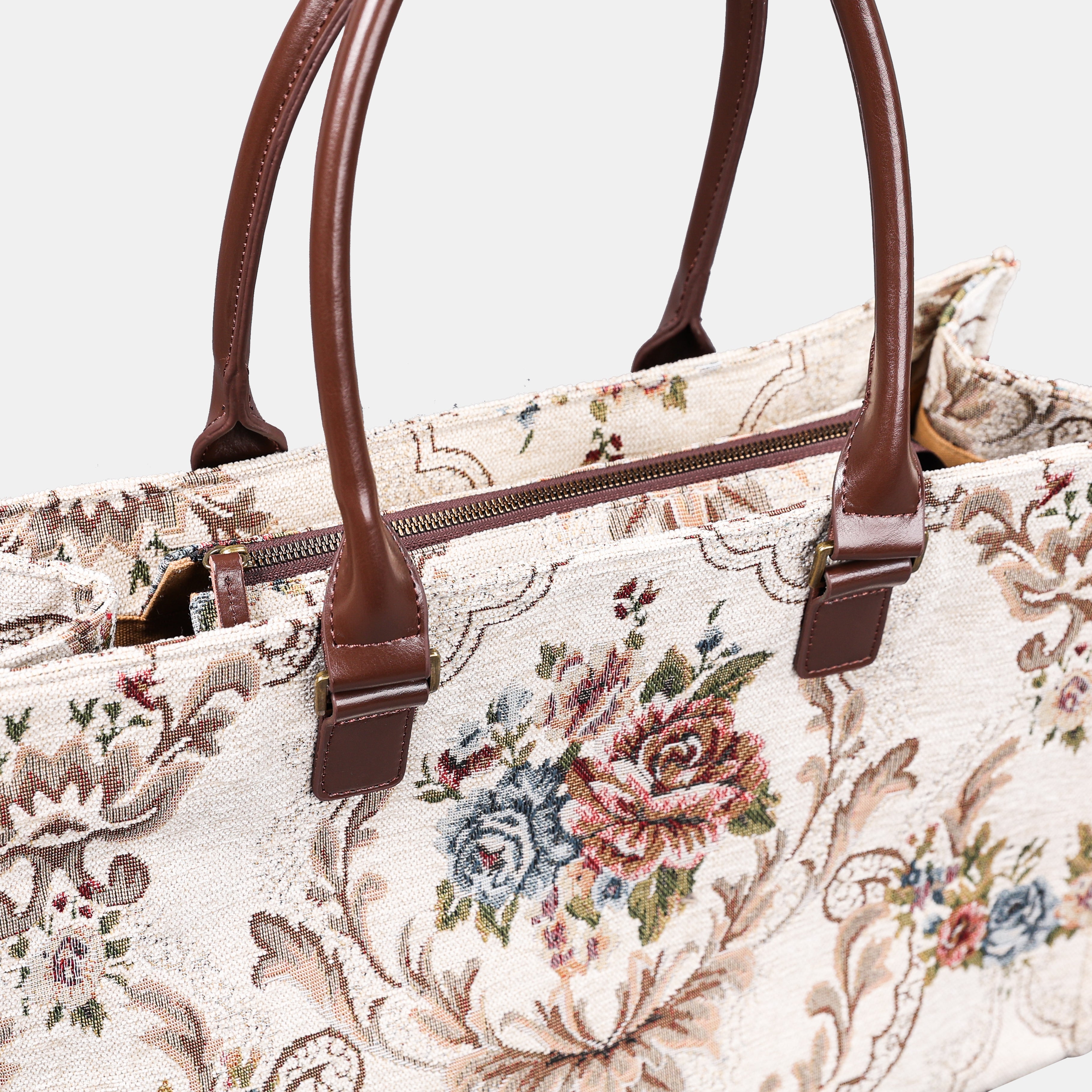 Floral Cream Laptop Work Tote of America zipper