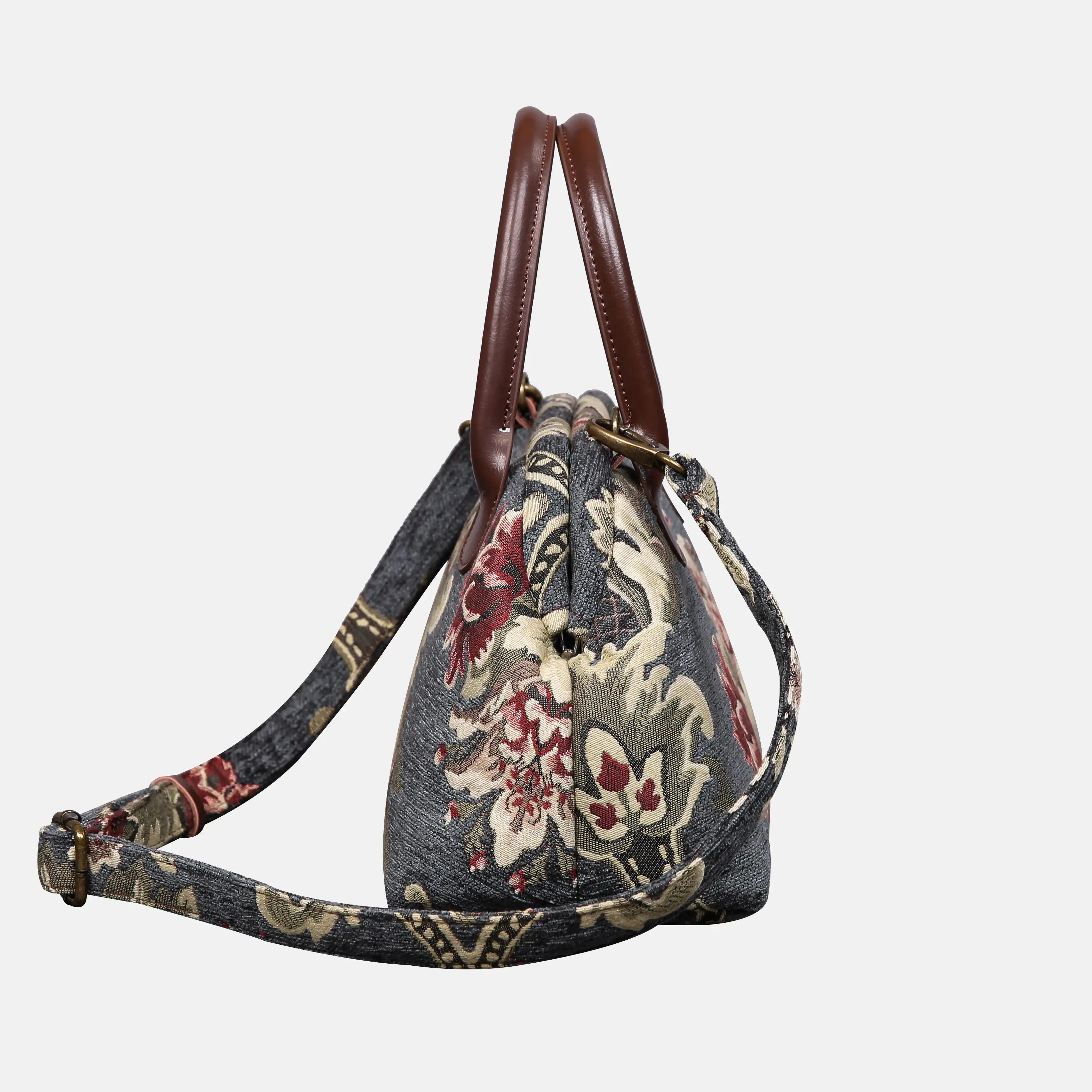 Floral Green Gray Carpet Satchel carpet bag MCW Handmade of America side
