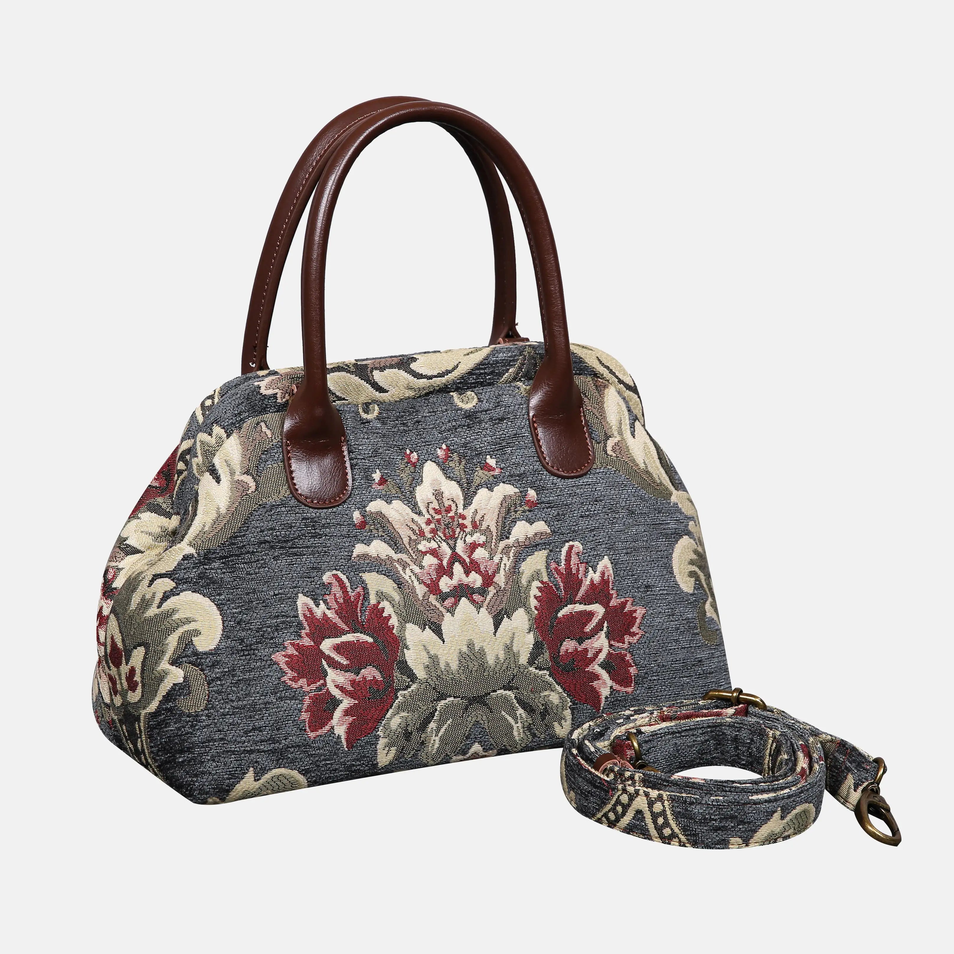 Floral Green Gray Carpet Satchel carpet bag MCW Handmade of America with strap
