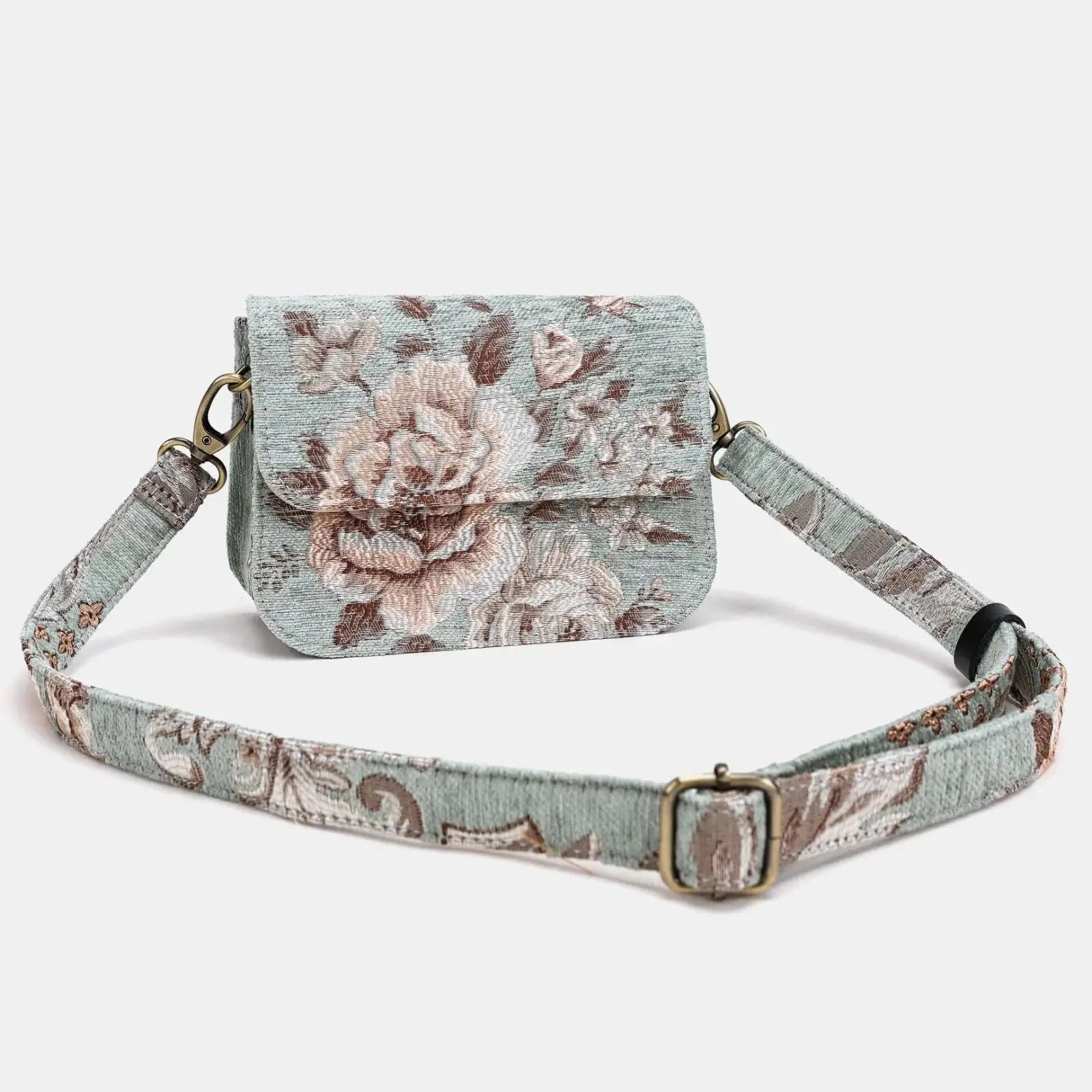 Floral Mint Flap Crossbody Carpet Bag of America with shoulder strap