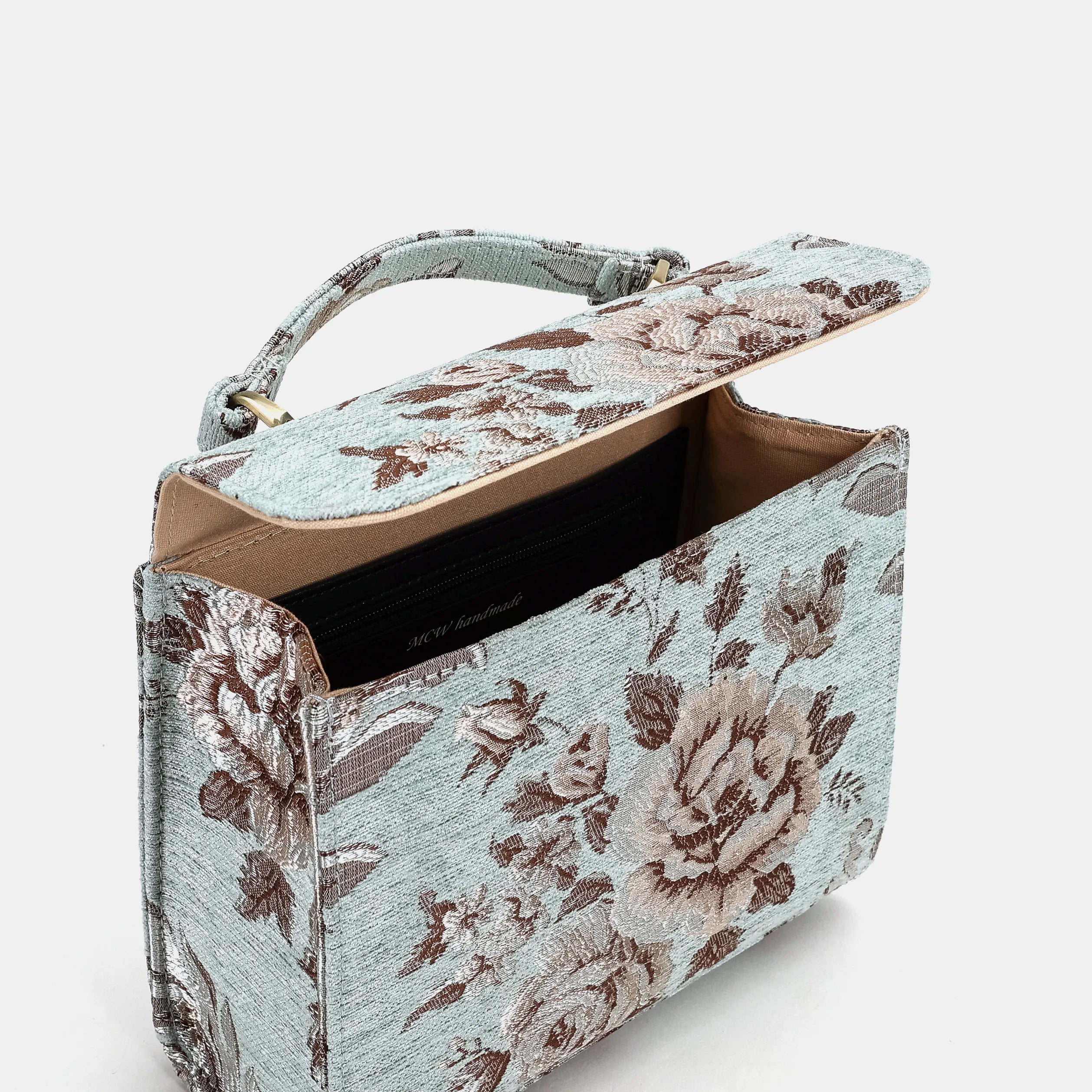 Floral Mint Flap Satchel Carpetbag of America opening