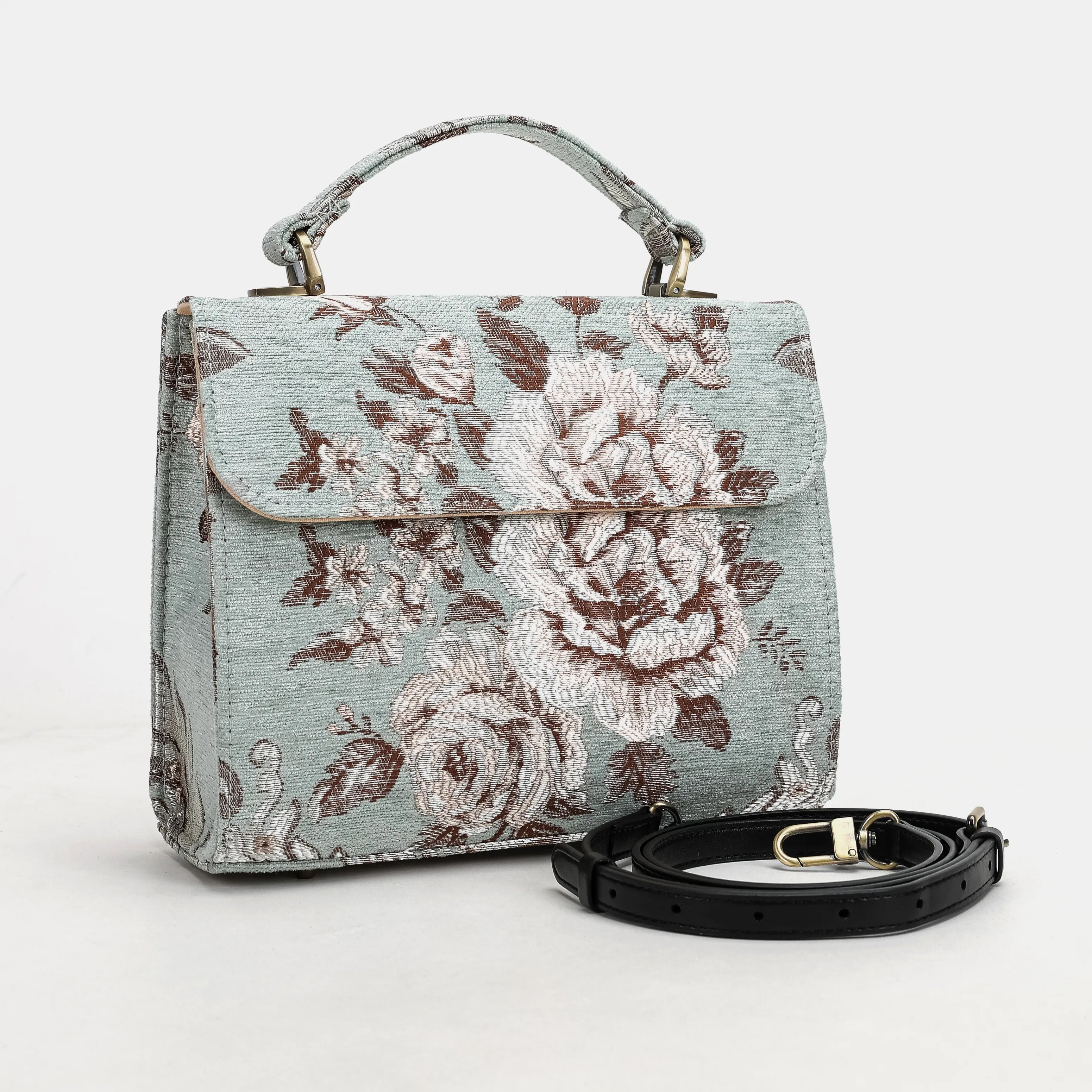 Floral Mint Flap Satchel Carpetbag of America with shoulder strap