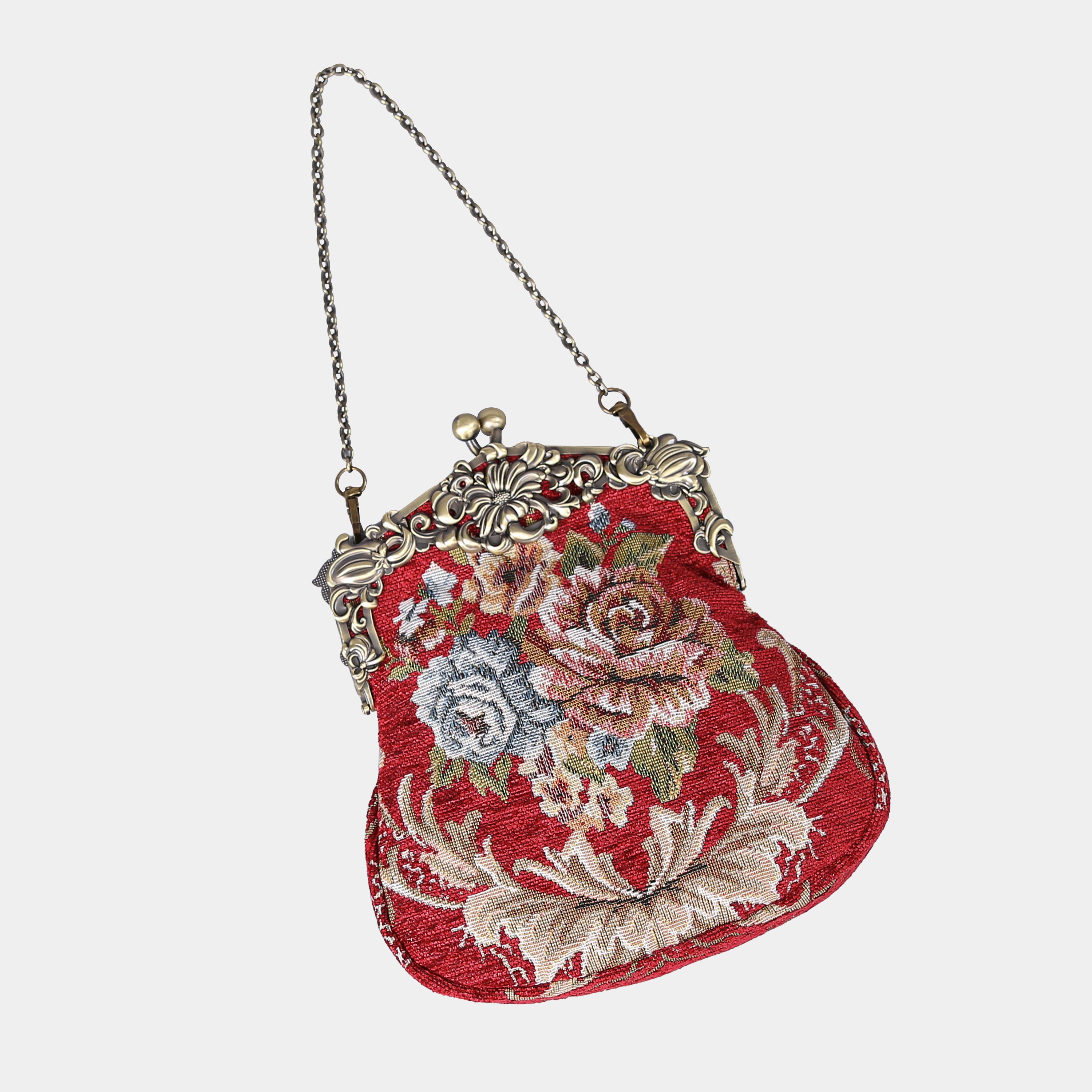 Floral Red Chatelaine Purse Large carpet bag of America lay flat